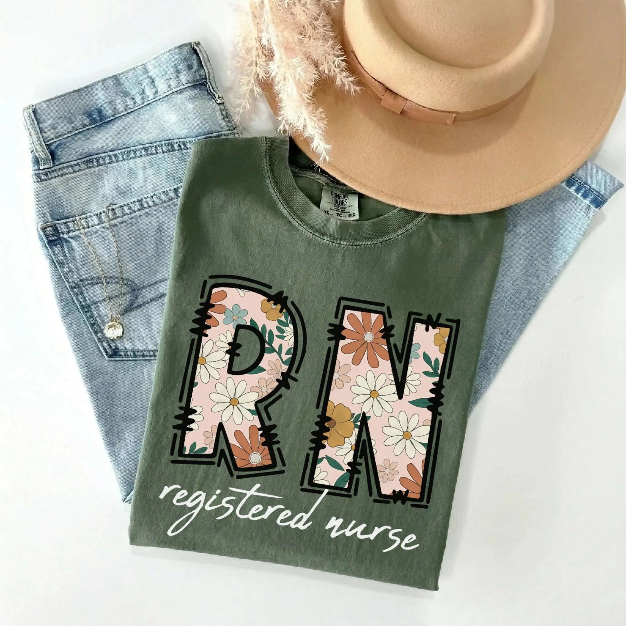 RN Registered Nurse Retro Floral Comfort Colors Tee