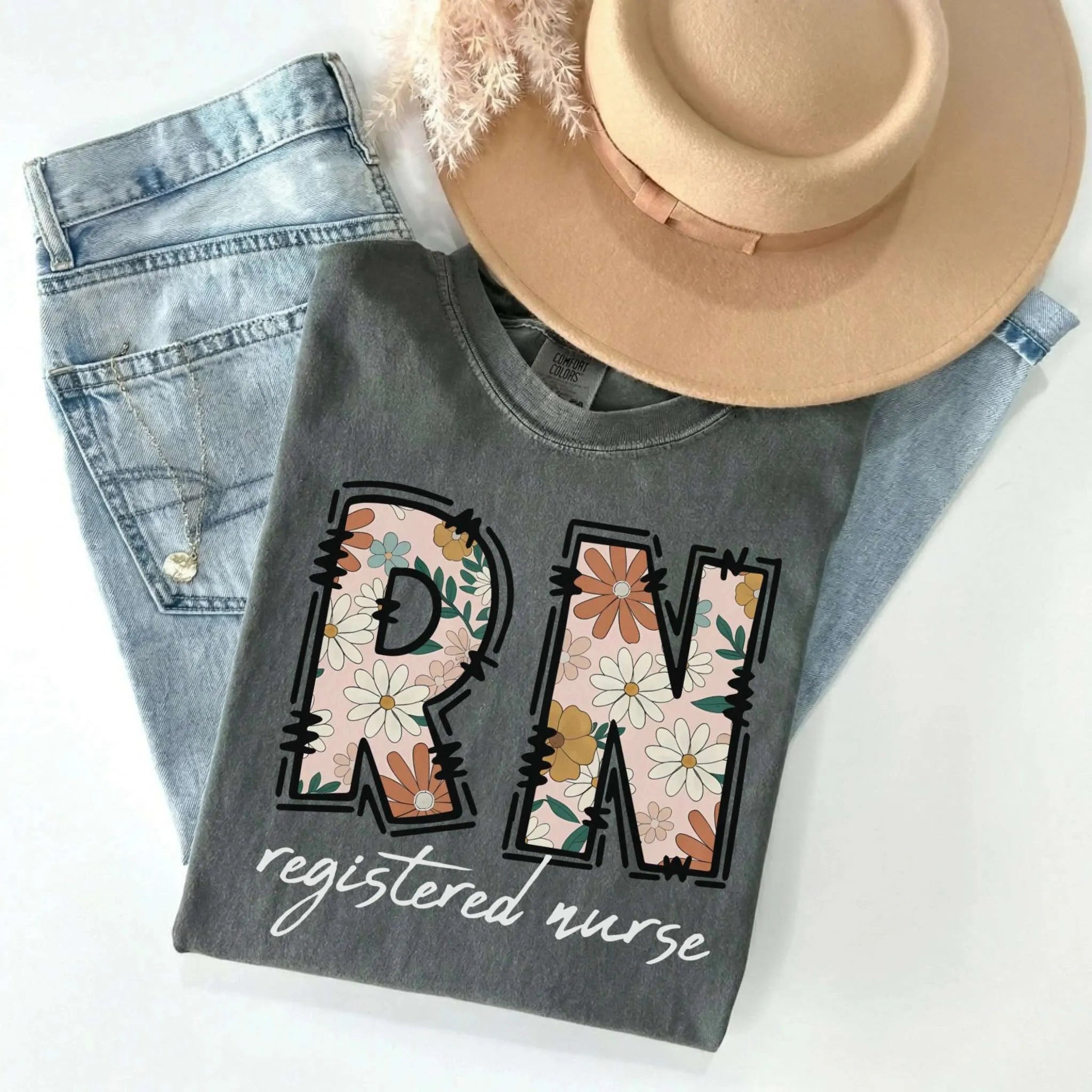 RN Registered Nurse Retro Floral Comfort Colors Tee