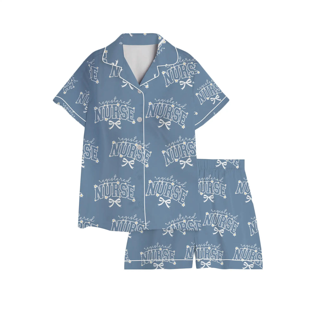 Nursehype Registered Nurse Daisy Bow Steel Blue Satin Pajama Set
