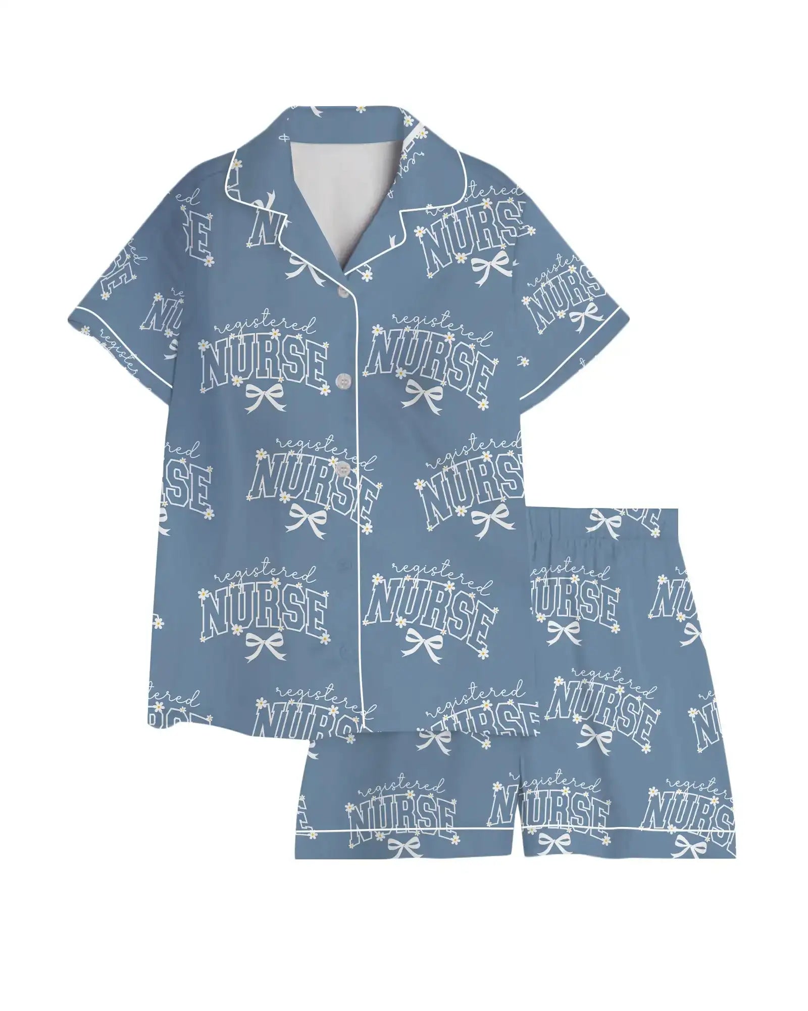 Registered Nurse Daisy Bow Steel Blue Satin Pajama Set