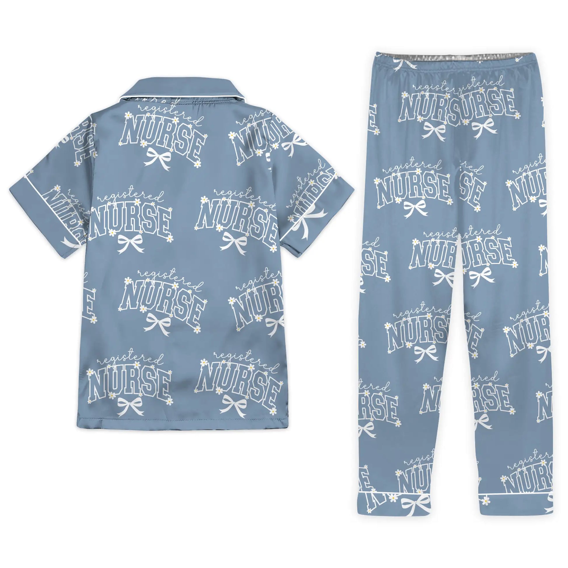 Nursehype Registered Nurse Daisy Bow Steel Blue Satin Pajama Set