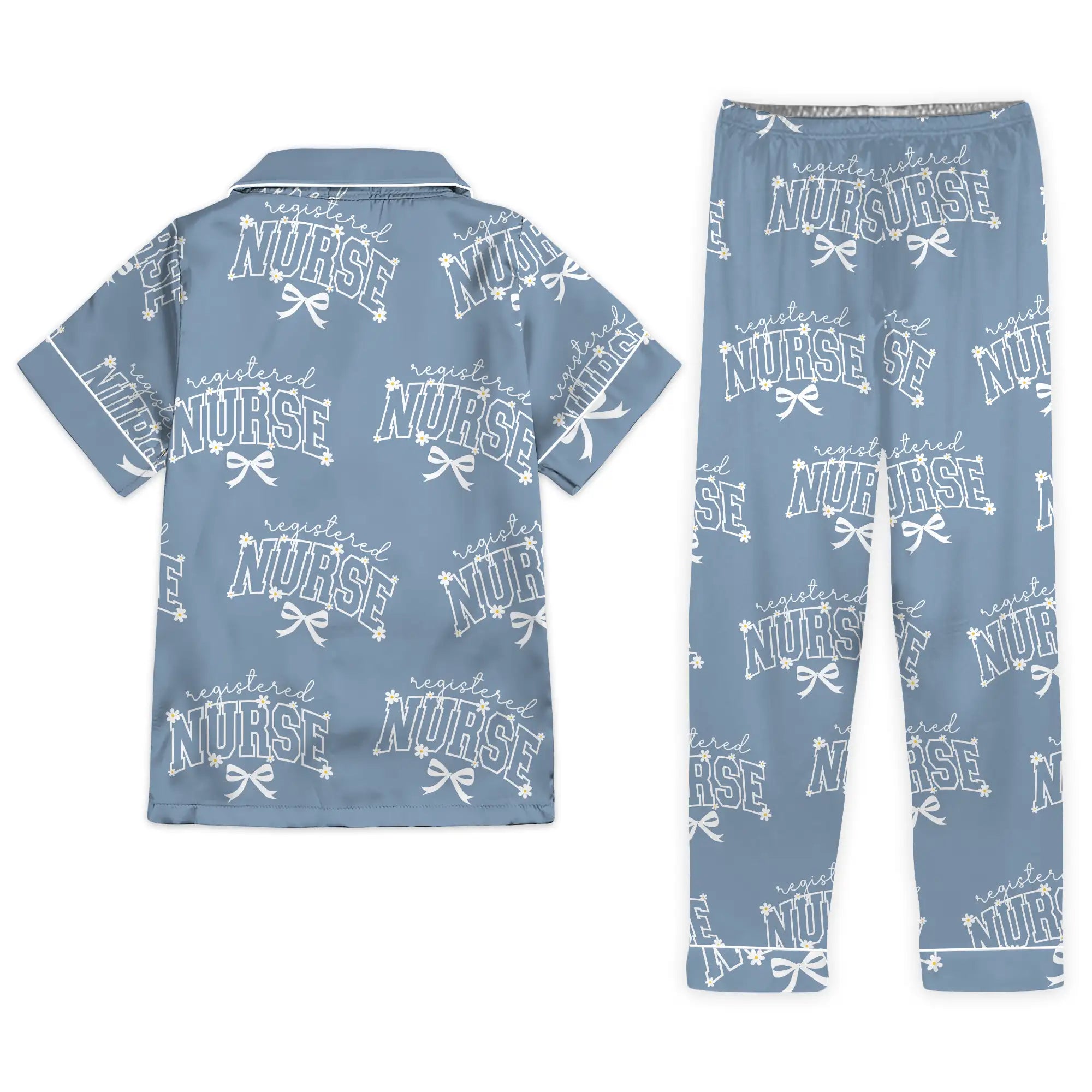 Nursehype Registered Nurse Daisy Bow Steel Blue Satin Pajama Set