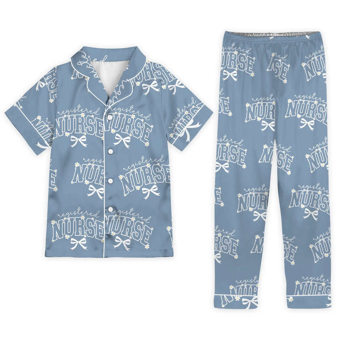 Nursehype Registered Nurse Daisy Bow Steel Blue Satin Pajama Set