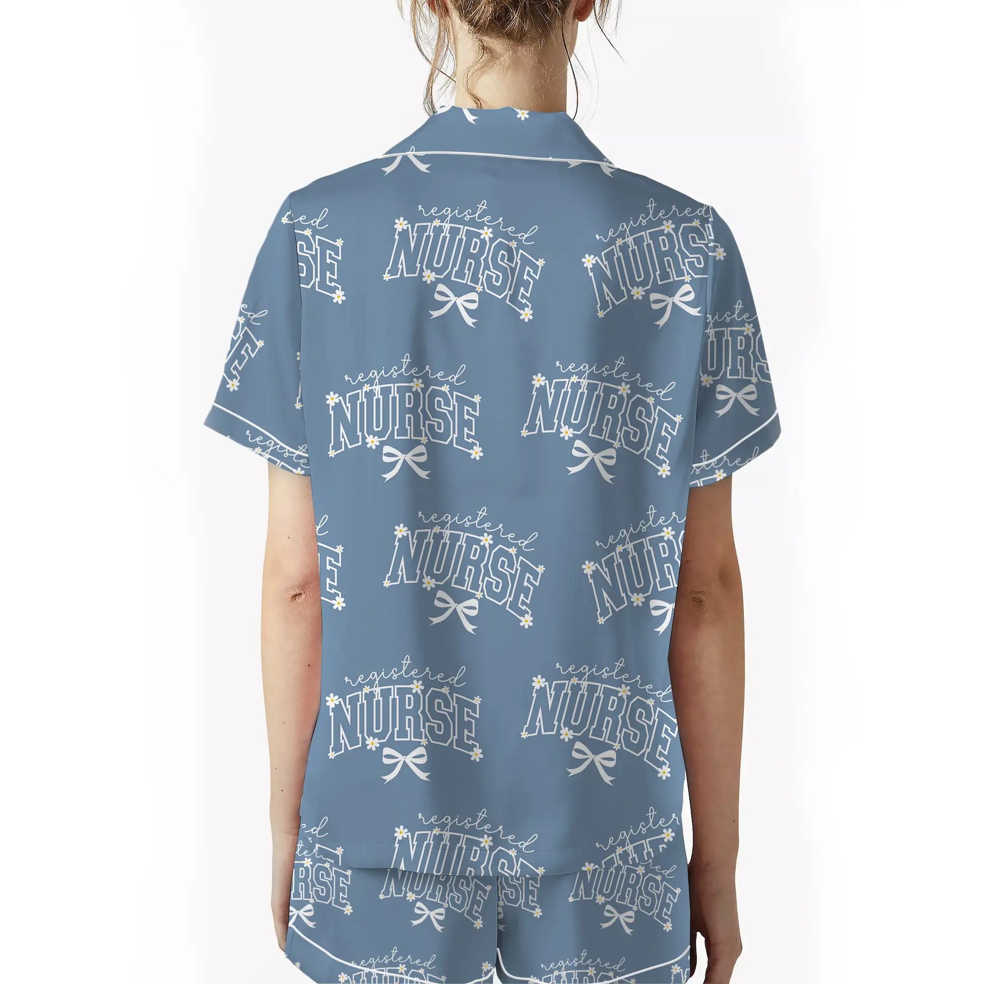 Nursehype Registered Nurse Daisy Bow Steel Blue Satin Pajama Set