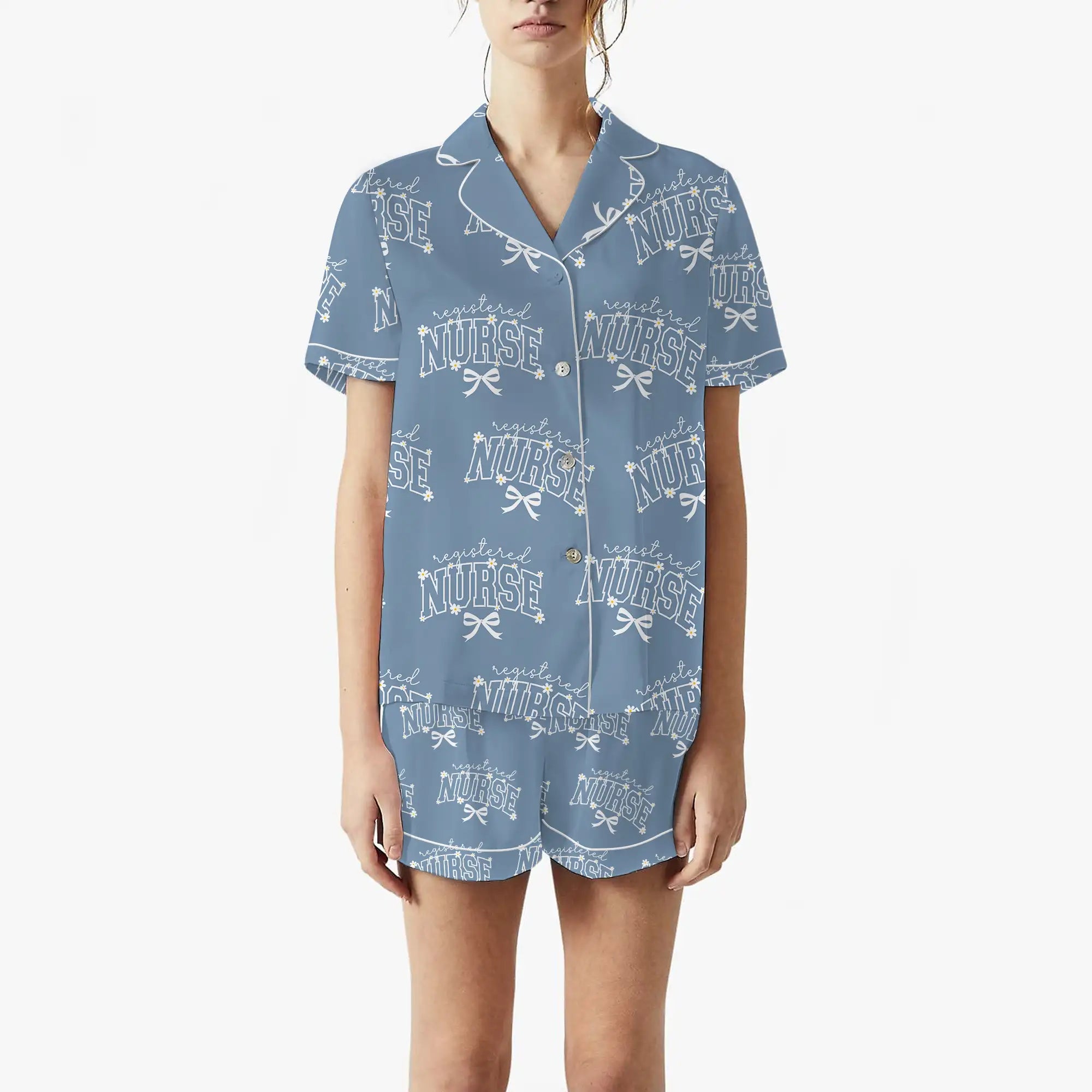 Nursehype Registered Nurse Daisy Bow Steel Blue Satin Pajama Set