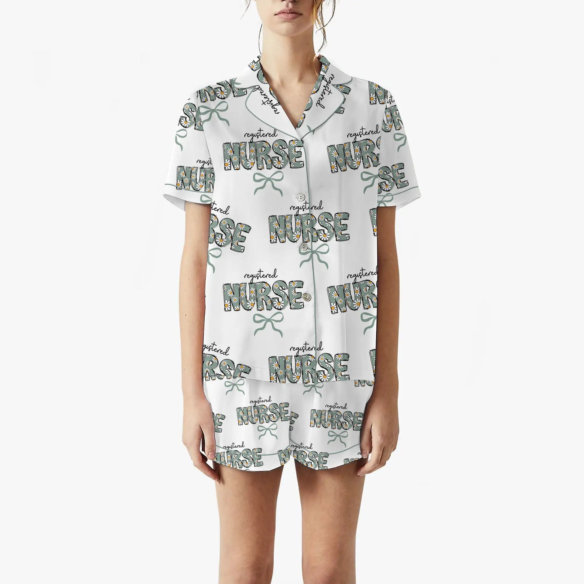 Nursehype Registered Nurse Daisy Doodle Green Bow Satin Pajama Set
