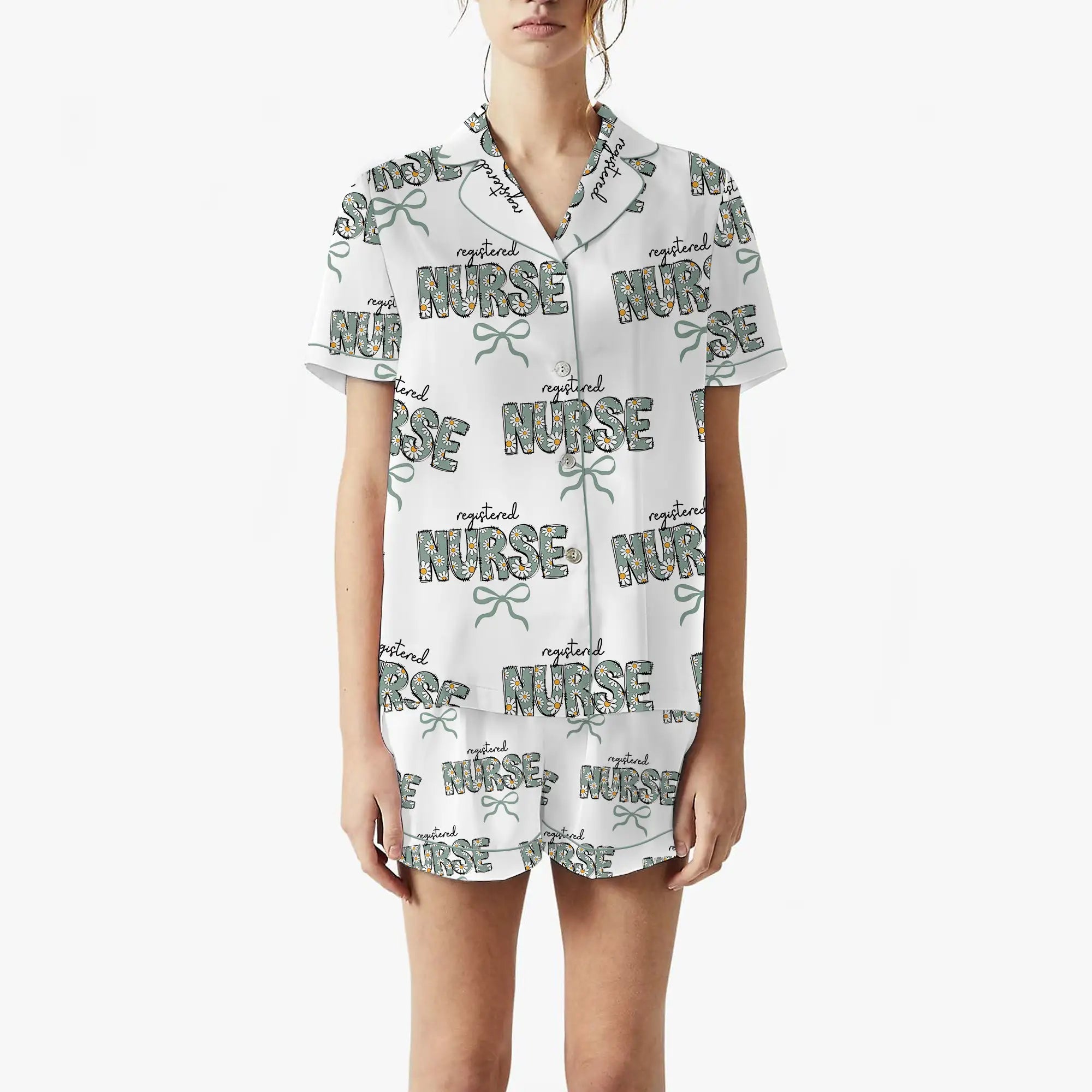 Nursehype Registered Nurse Daisy Doodle Green Bow Satin Pajama Set