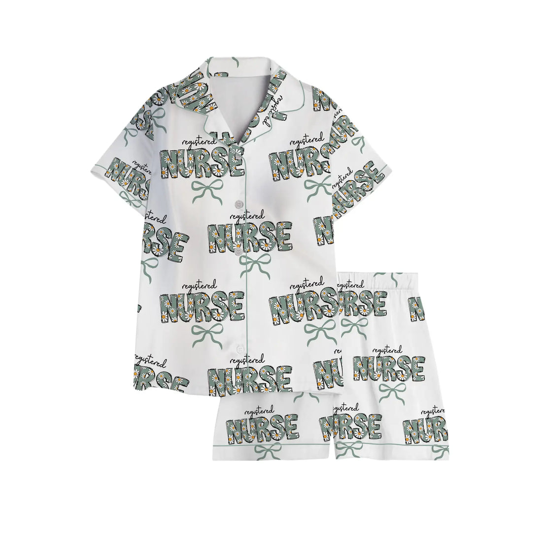 Nursehype Registered Nurse Daisy Doodle Green Bow Satin Pajama Set