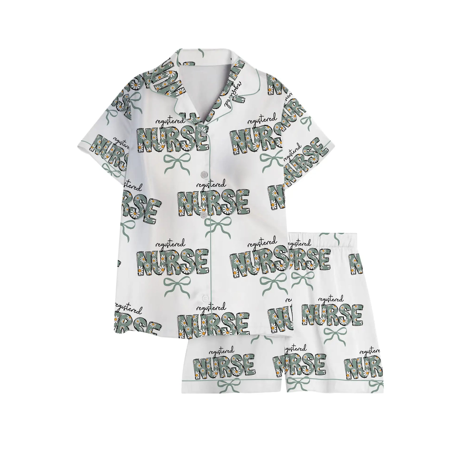 Nursehype Registered Nurse Daisy Doodle Green Bow Satin Pajama Set