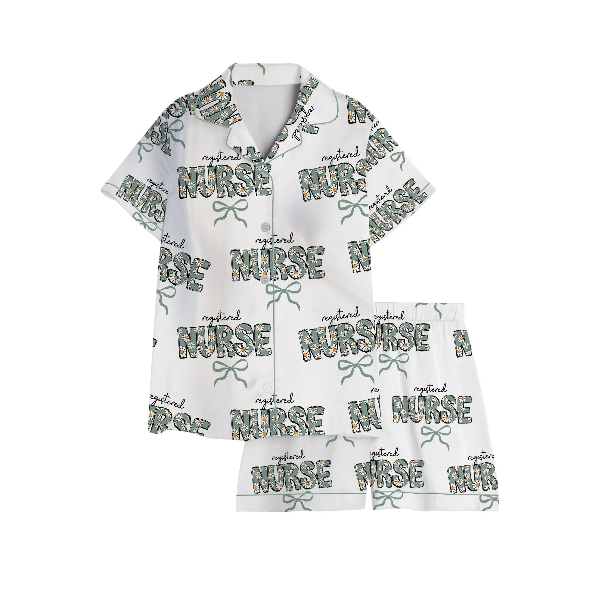 Nursehype Registered Nurse Daisy Doodle Green Bow Satin Pajama Set