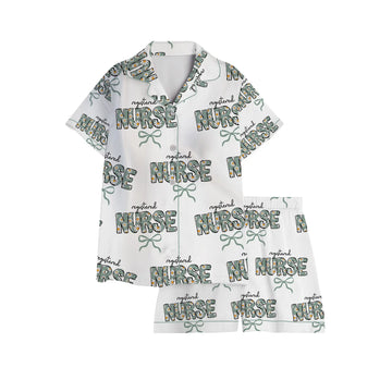Nursehype Registered Nurse Daisy Doodle Green Bow Satin Pajama Set