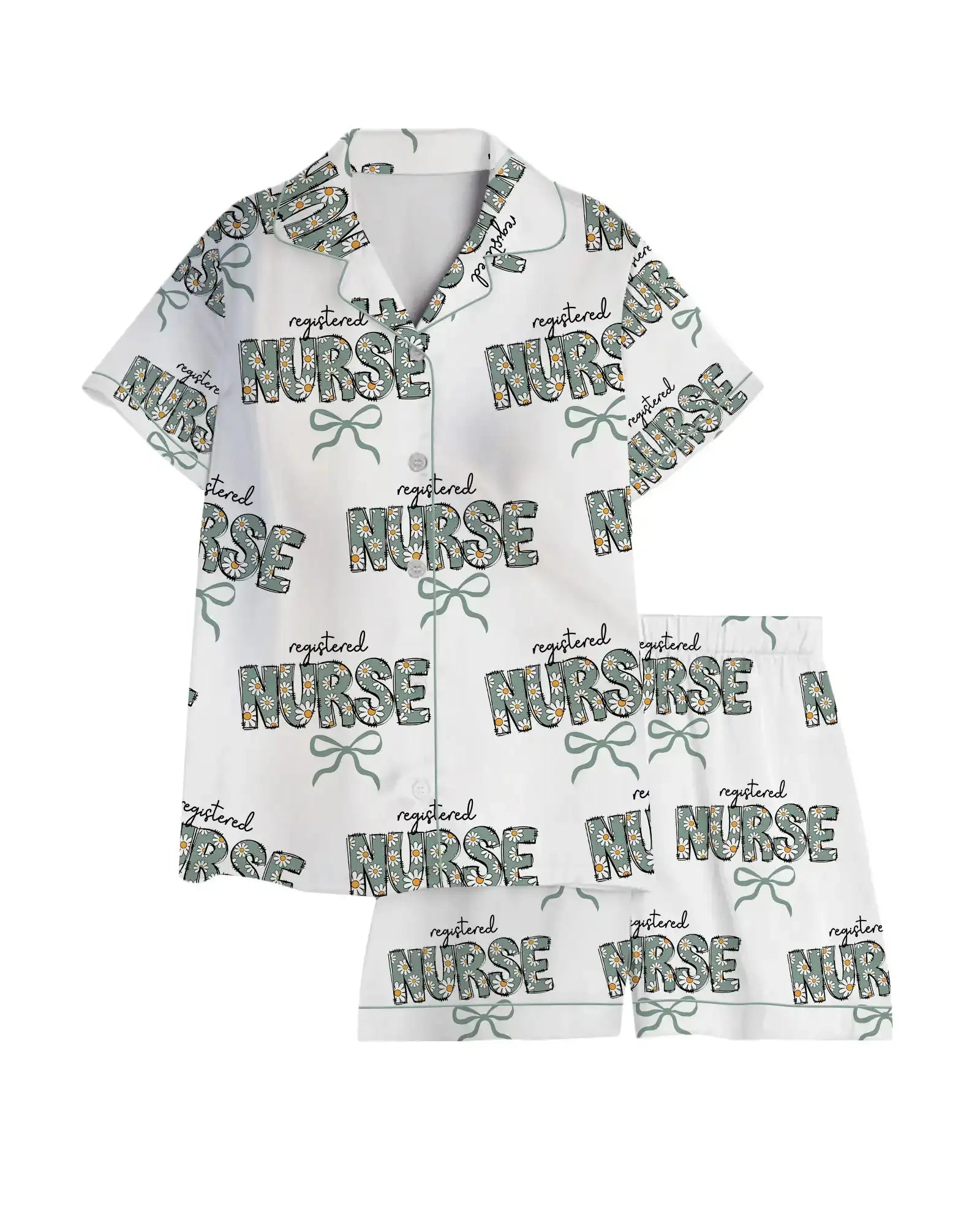 Registered Nurse Daisy Doodle Green Bow Satin Pajama Set