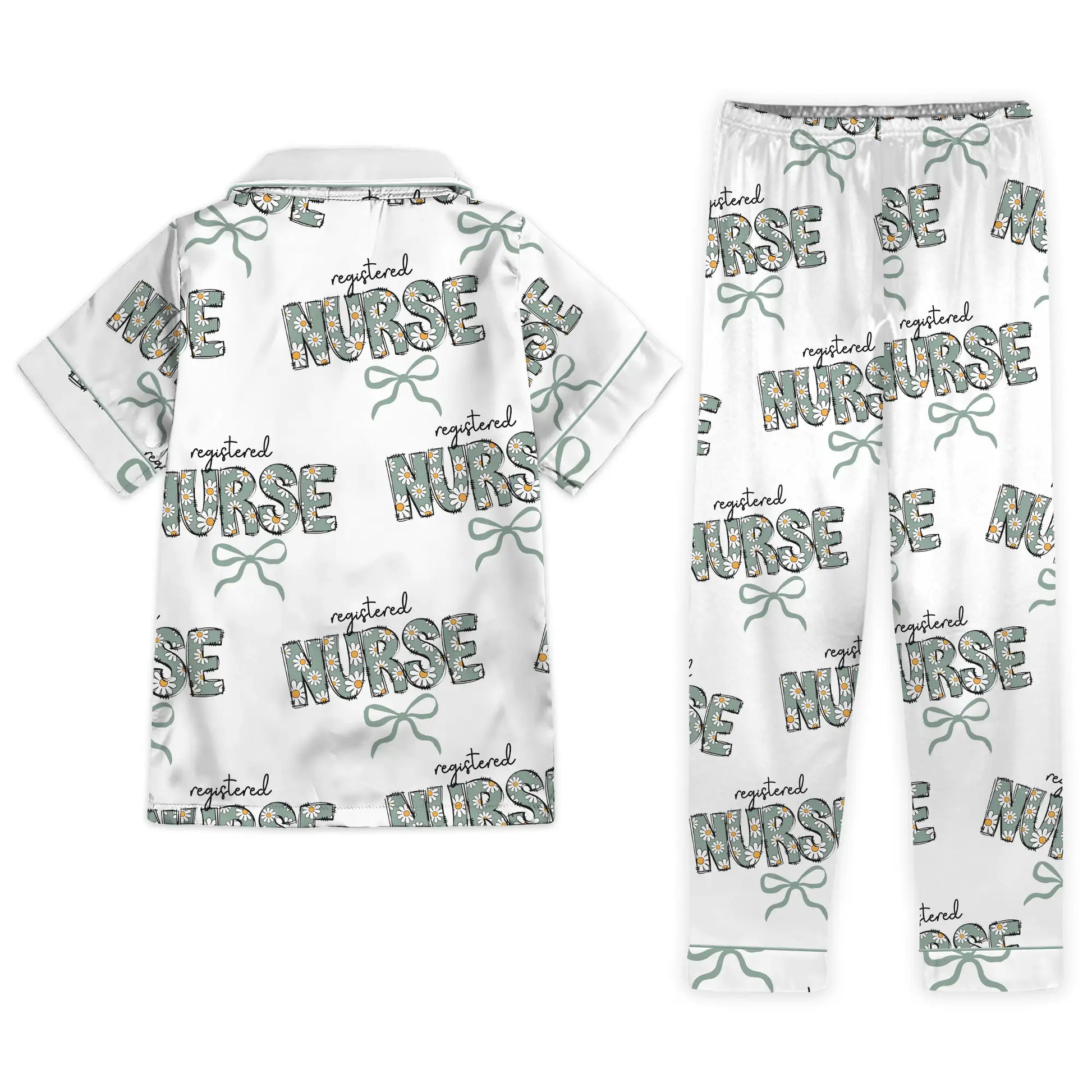Nursehype Registered Nurse Daisy Doodle Green Bow Satin Pajama Set