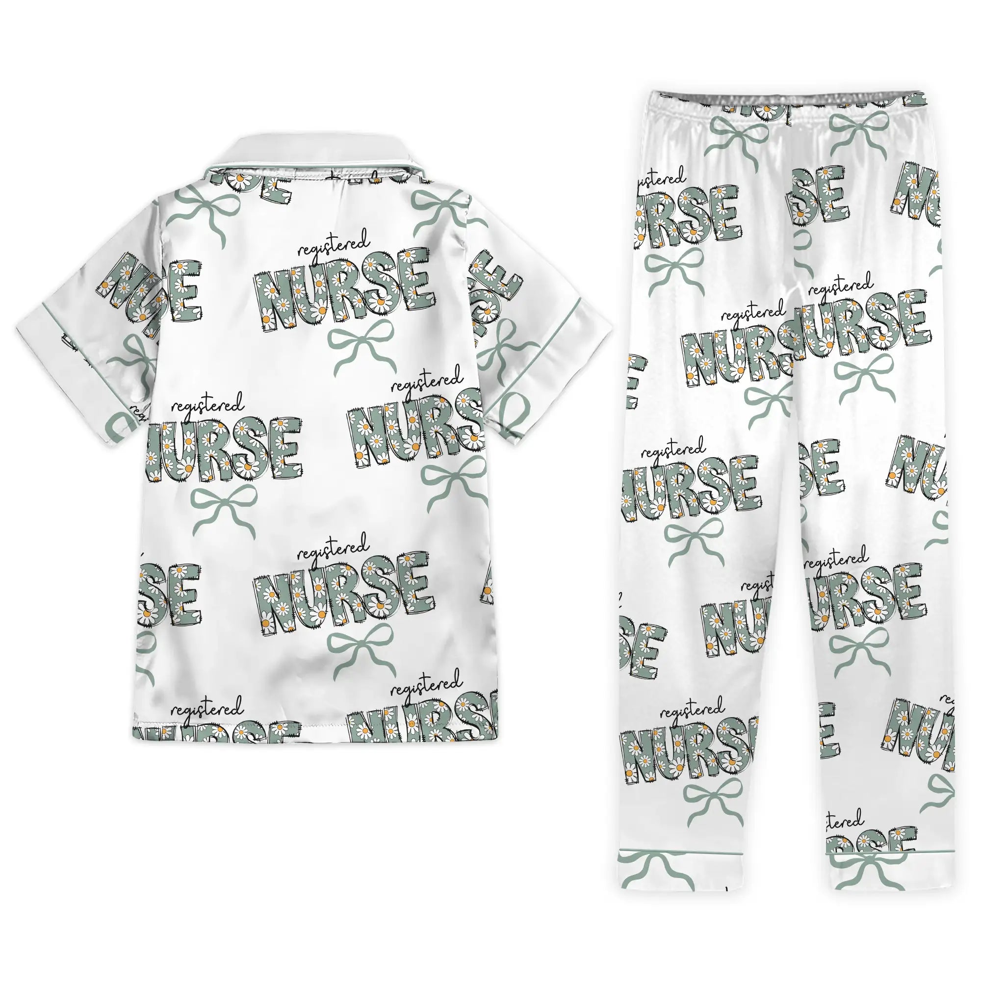 Nursehype Registered Nurse Daisy Doodle Green Bow Satin Pajama Set