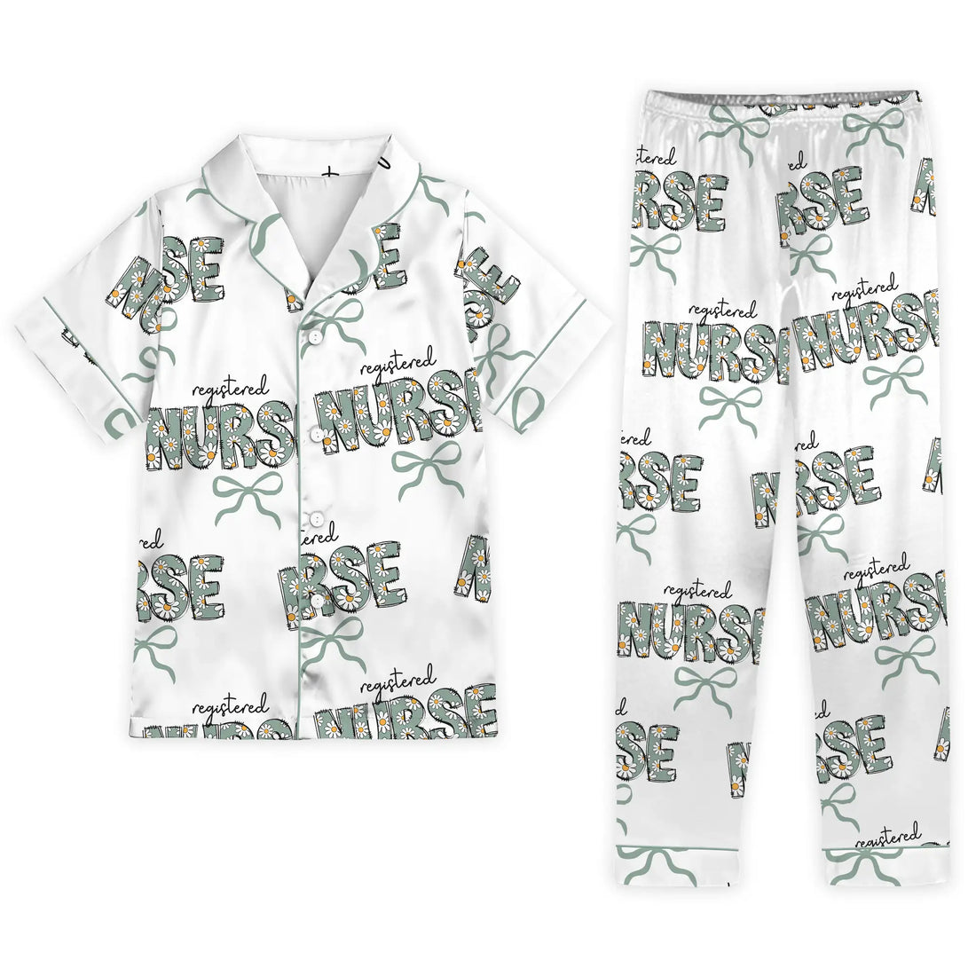 Nursehype Registered Nurse Daisy Doodle Green Bow Satin Pajama Set