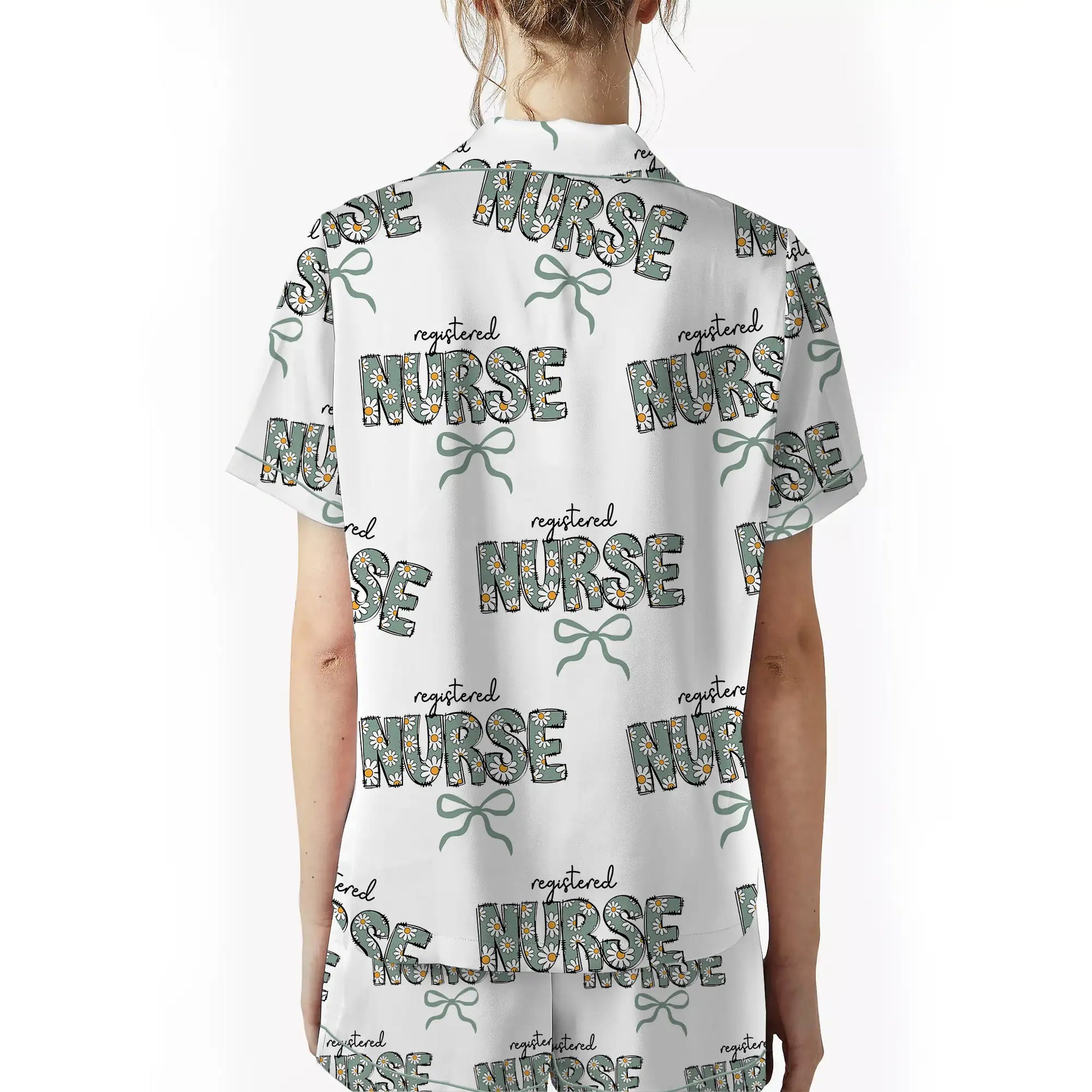 Nursehype Registered Nurse Daisy Doodle Green Bow Satin Pajama Set