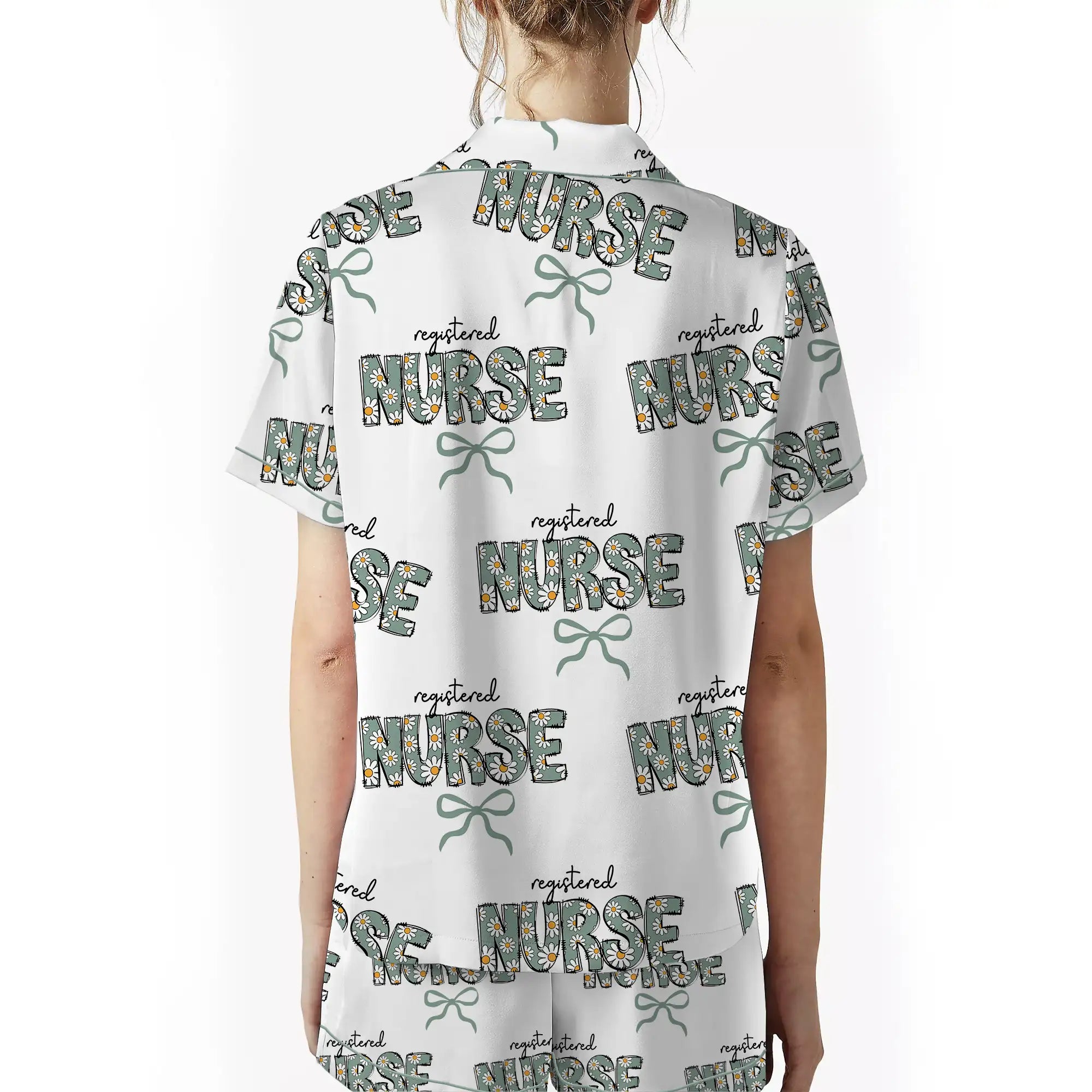 Nursehype Registered Nurse Daisy Doodle Green Bow Satin Pajama Set