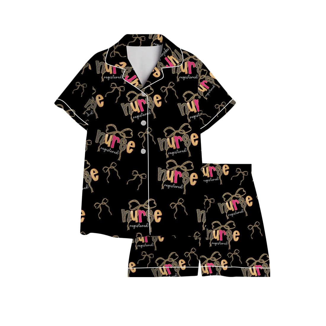 Nursehype Registered Nurse Leopard Hot Pink Bow Black Satin Pajama Set