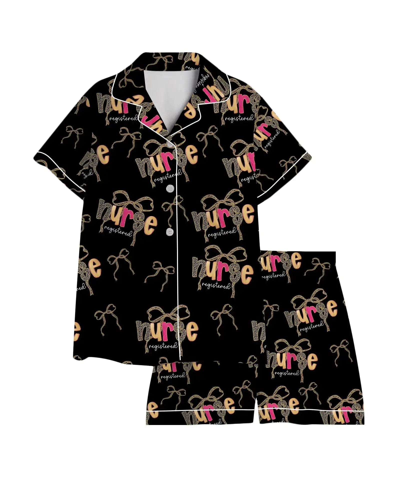 Registered Nurse Leopard Hot Pink Bow Black Satin Pajama Set