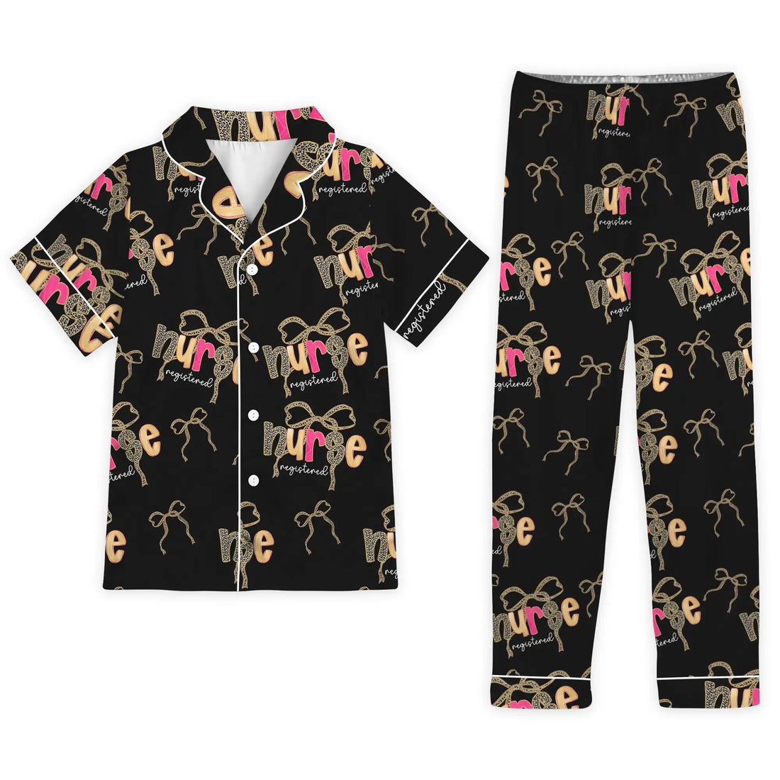 Nursehype Registered Nurse Leopard Hot Pink Bow Black Satin Pajama Set