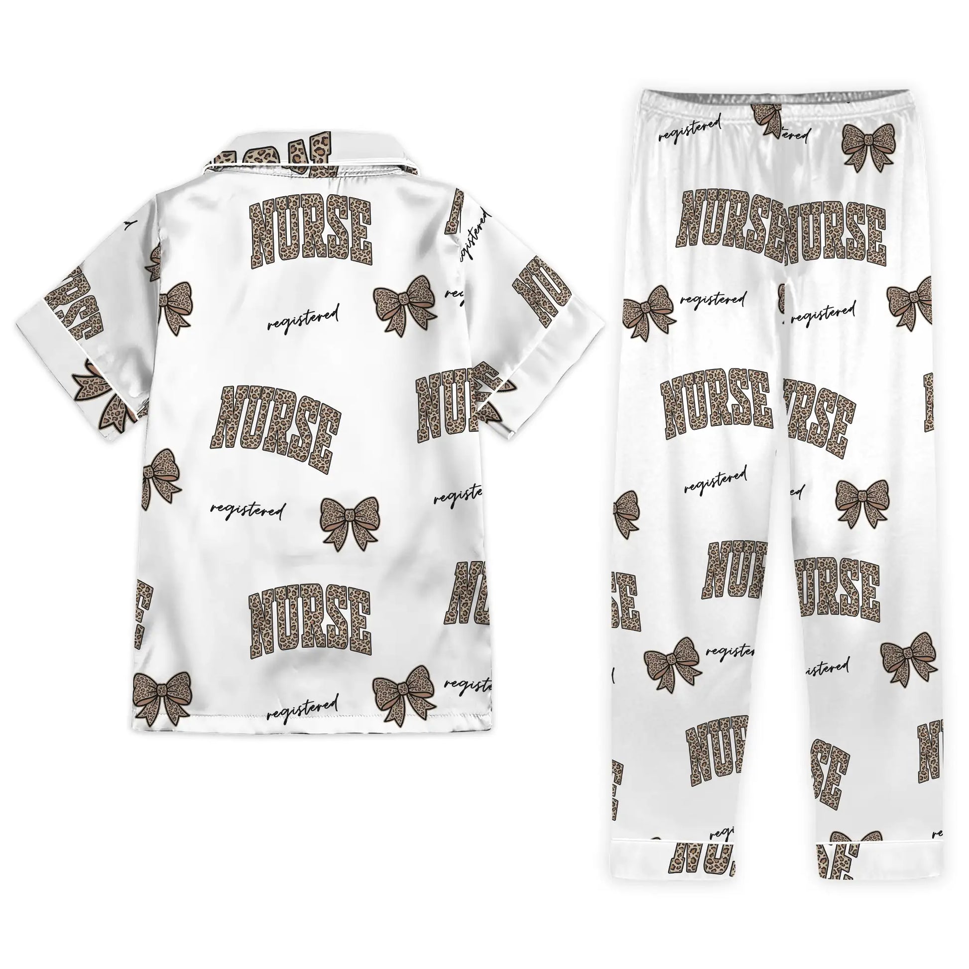Nursehype Registered Nurse Leopard Varsity Bow Satin Pajama Set
