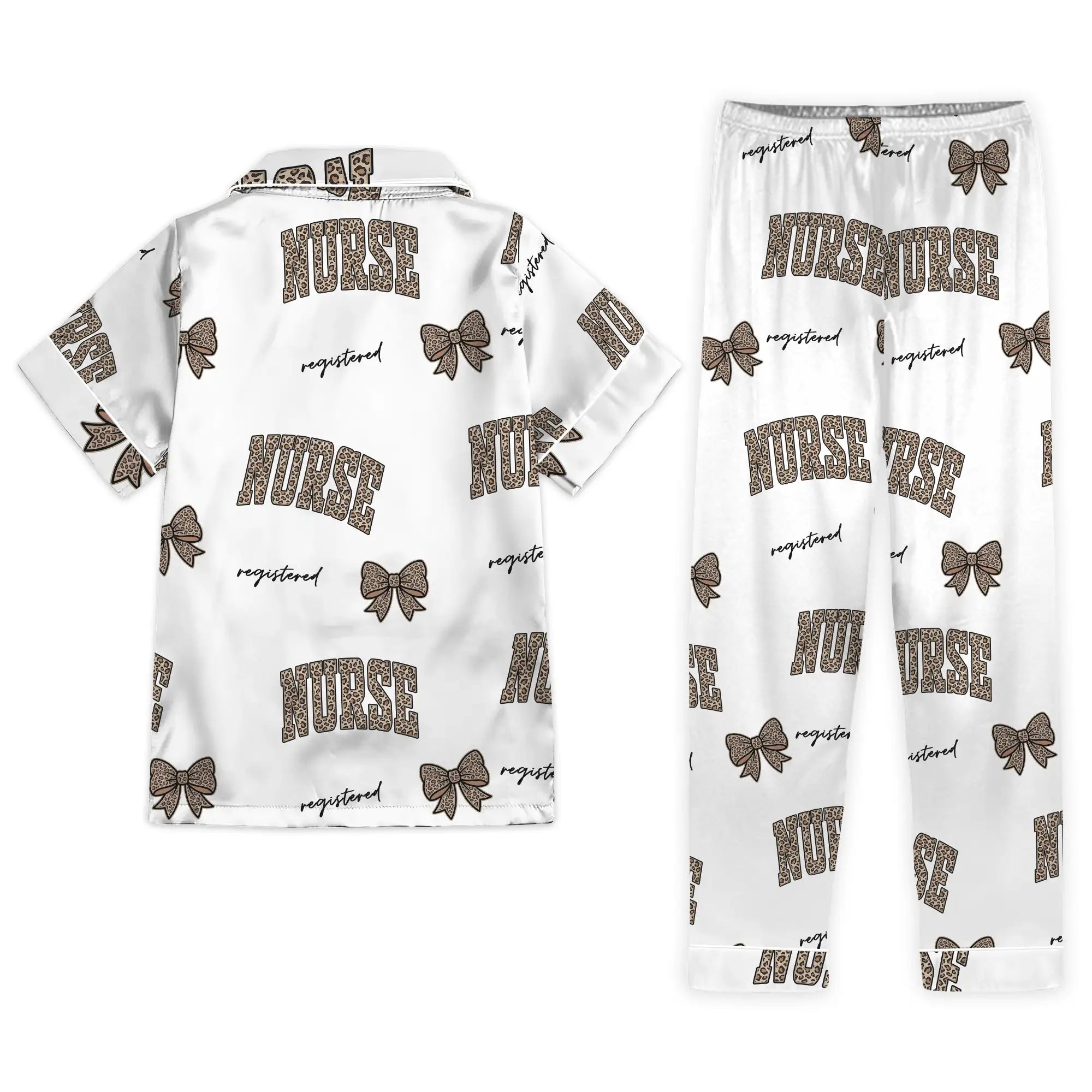 Nursehype Registered Nurse Leopard Varsity Bow Satin Pajama Set