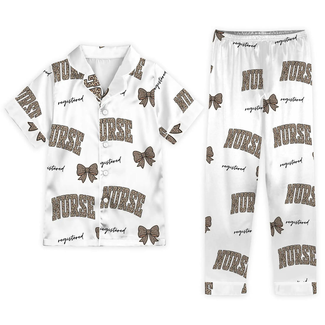 Nursehype Registered Nurse Leopard Varsity Bow Satin Pajama Set