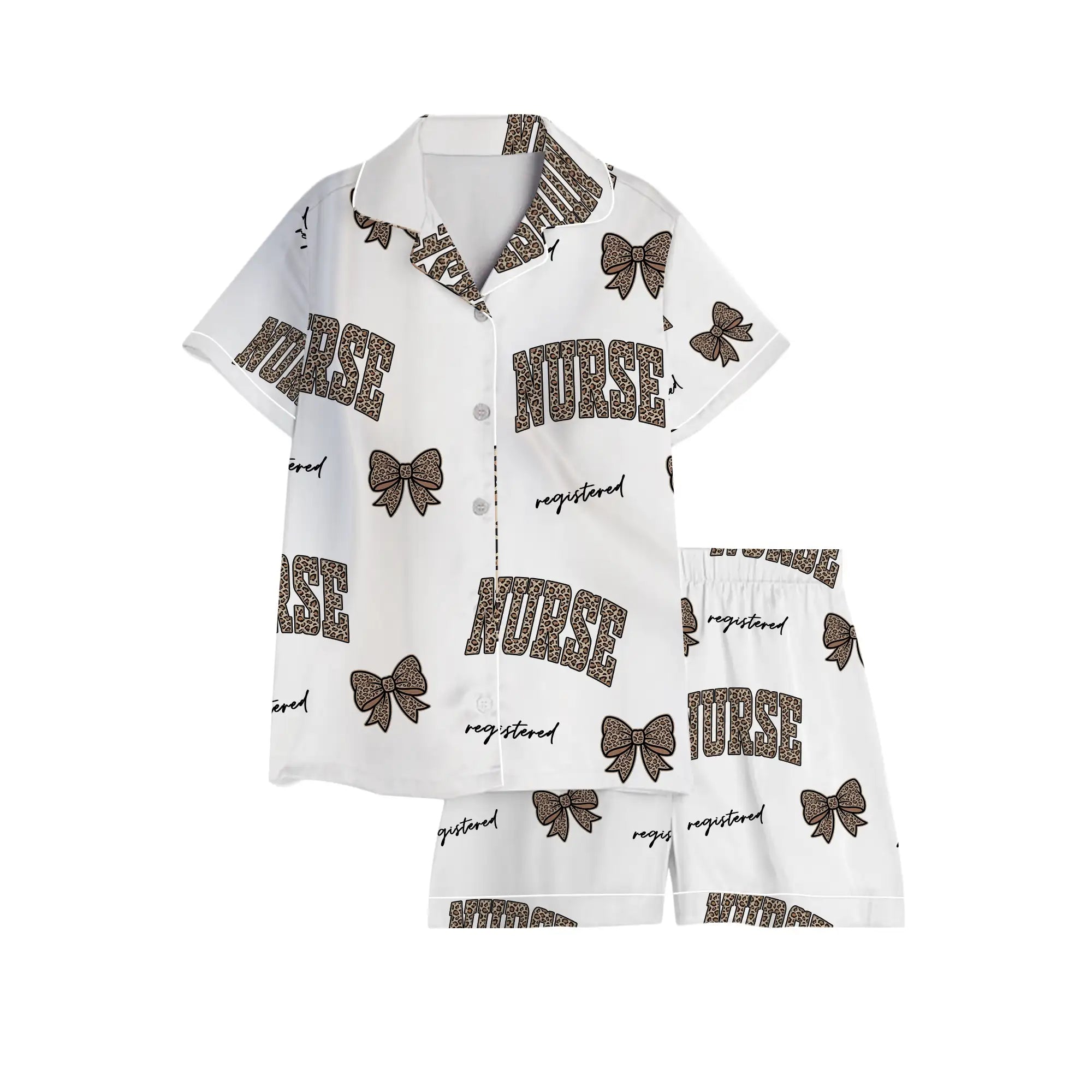 Nursehype Registered Nurse Leopard Varsity Bow Satin Pajama Set