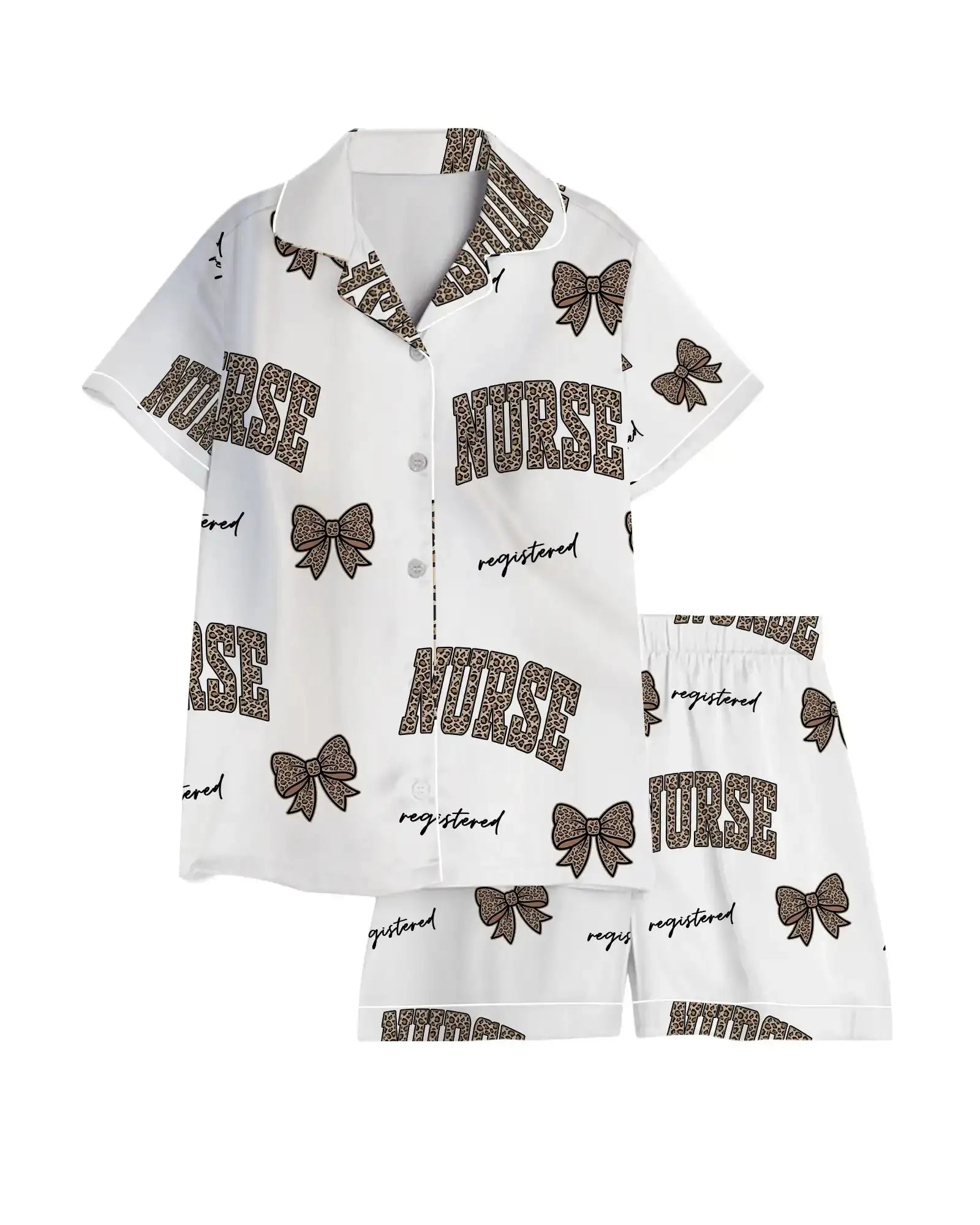 Registered Nurse Leopard Varsity Bow Satin Pajama Set