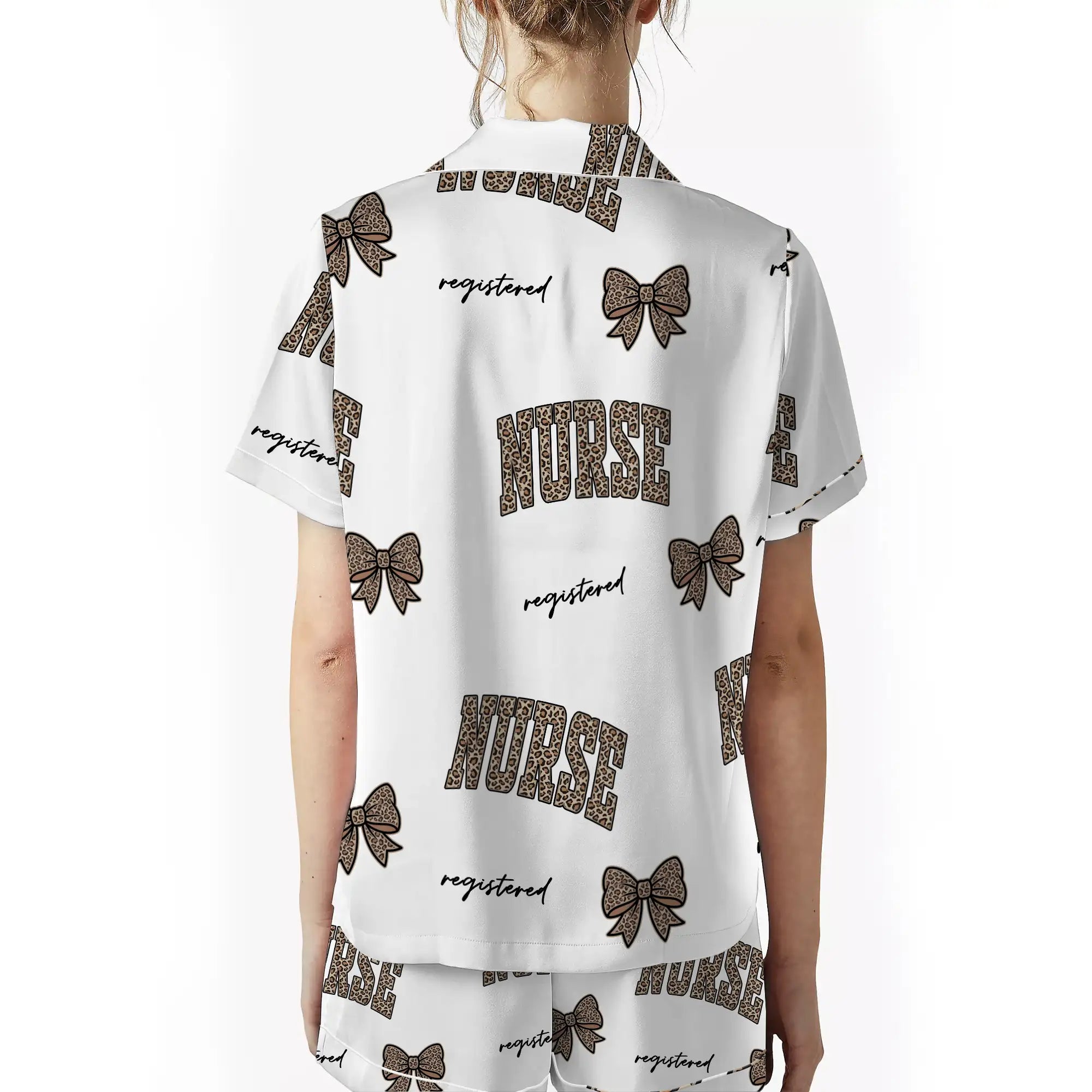 Nursehype Registered Nurse Leopard Varsity Bow Satin Pajama Set