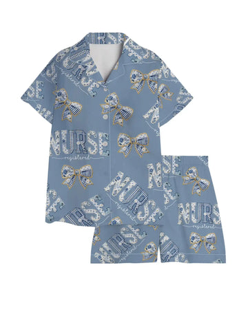 Registered Nurse Patchwork Gingham Bow Satin Pajama Set