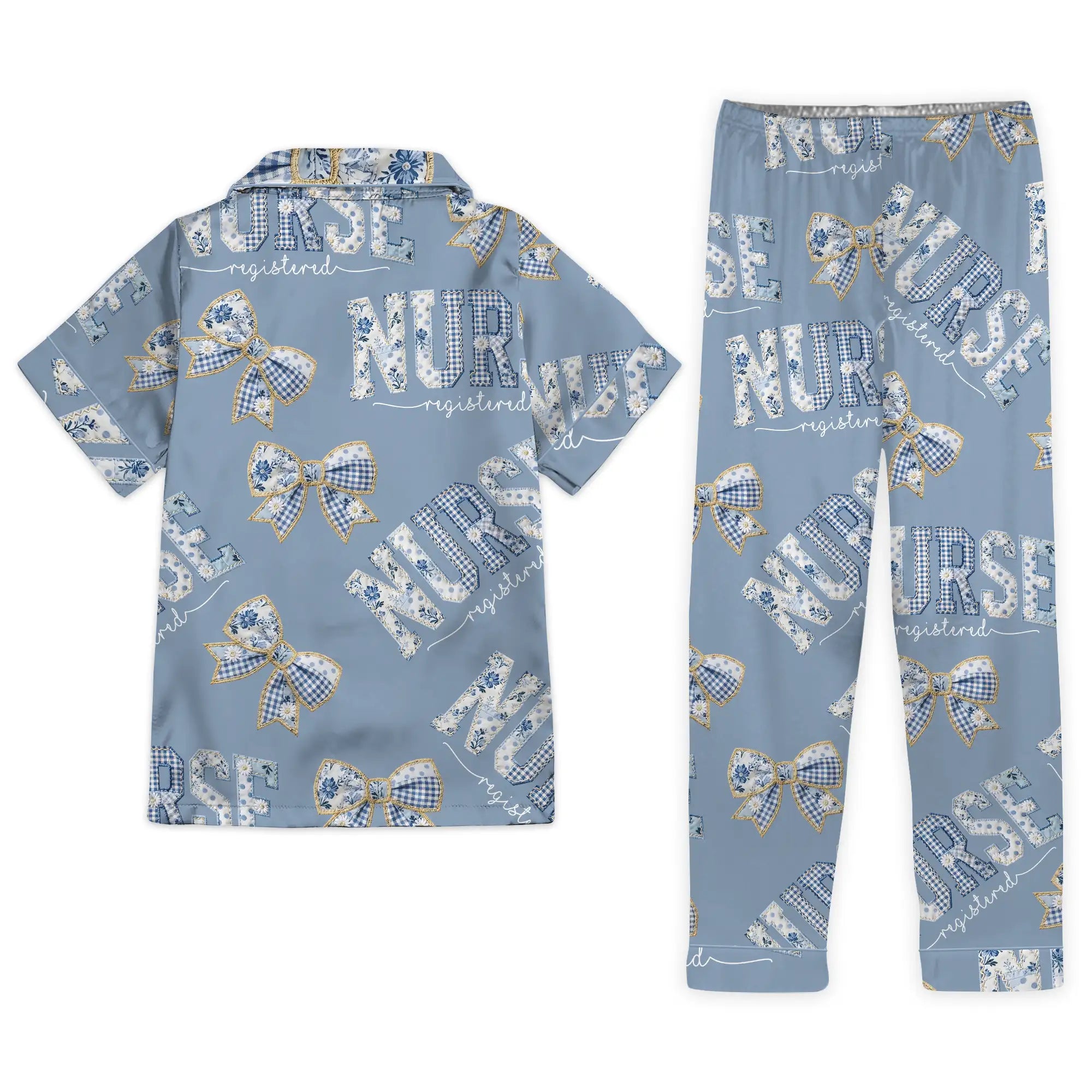 Nursehype Registered Nurse Patchwork Gingham Bow Satin Pajama Set