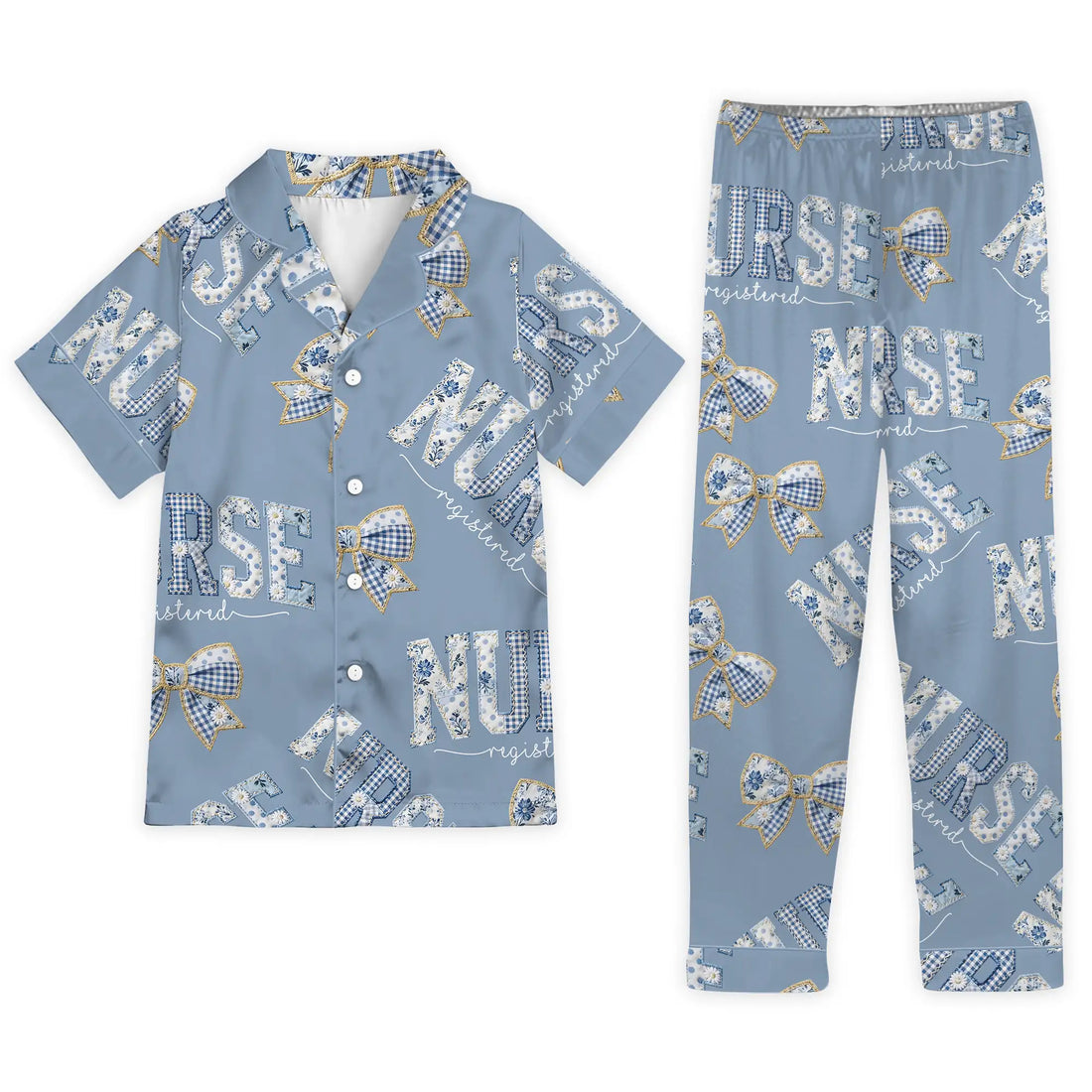 Nursehype Registered Nurse Patchwork Gingham Bow Satin Pajama Set