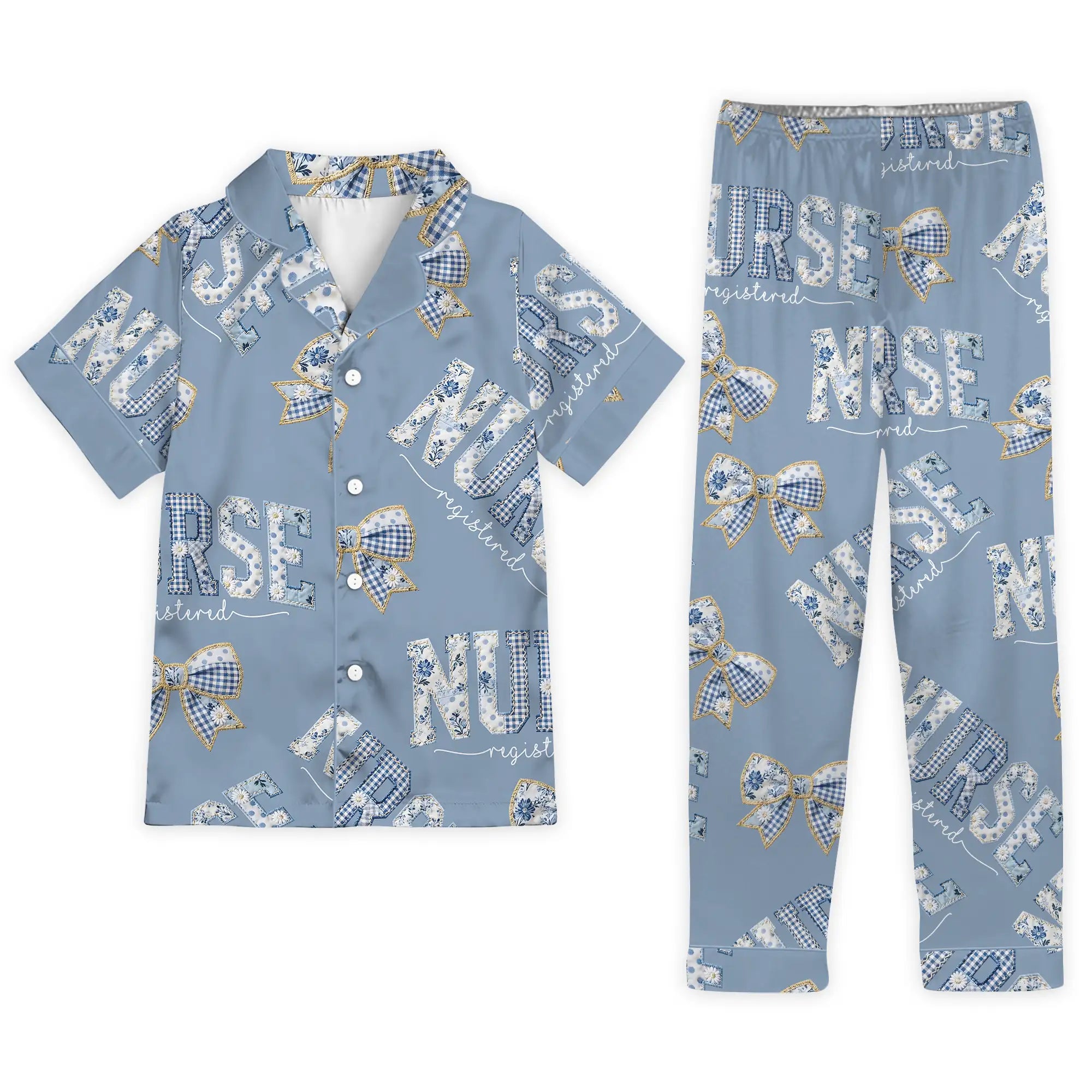 Nursehype Registered Nurse Patchwork Gingham Bow Satin Pajama Set