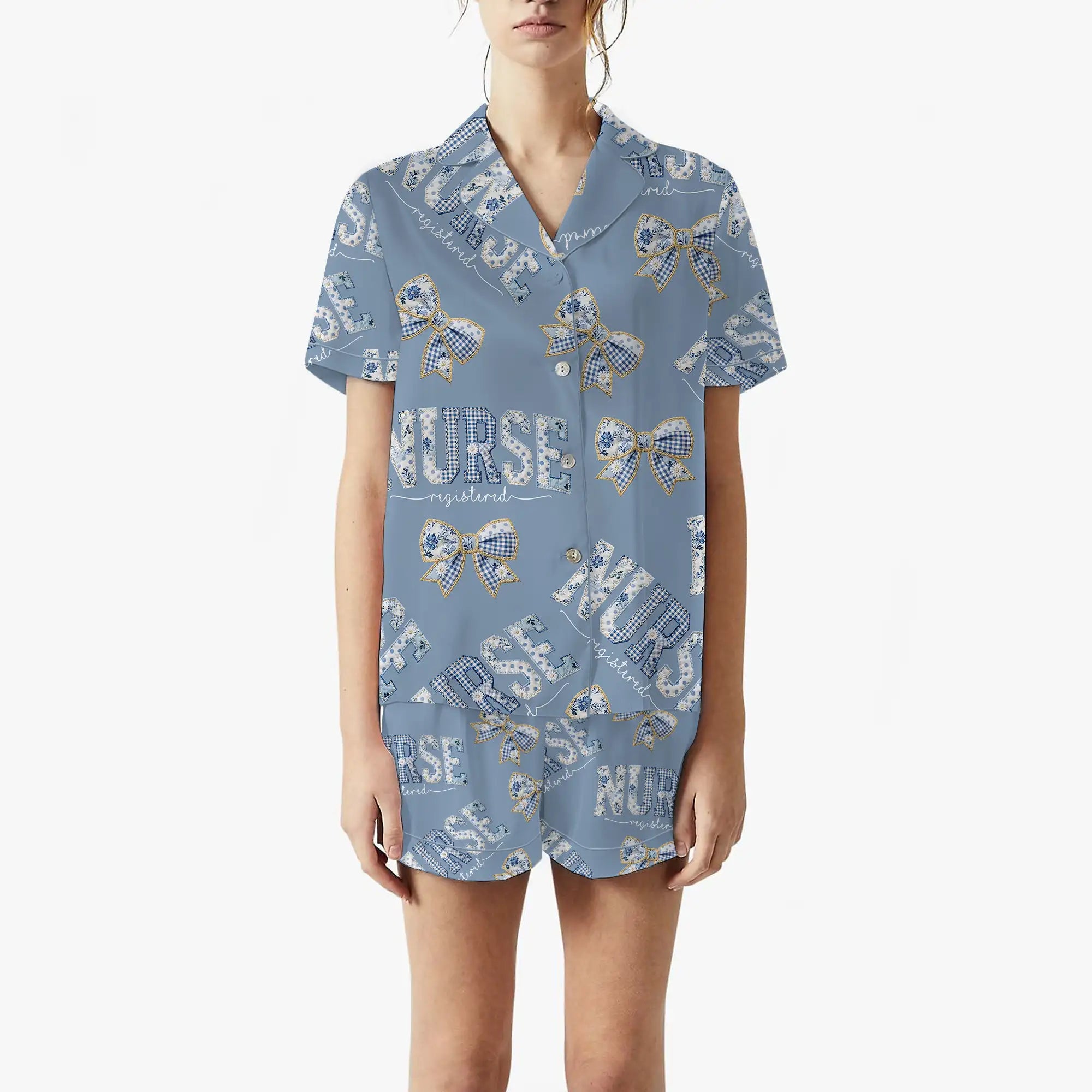 Nursehype Registered Nurse Patchwork Gingham Bow Satin Pajama Set