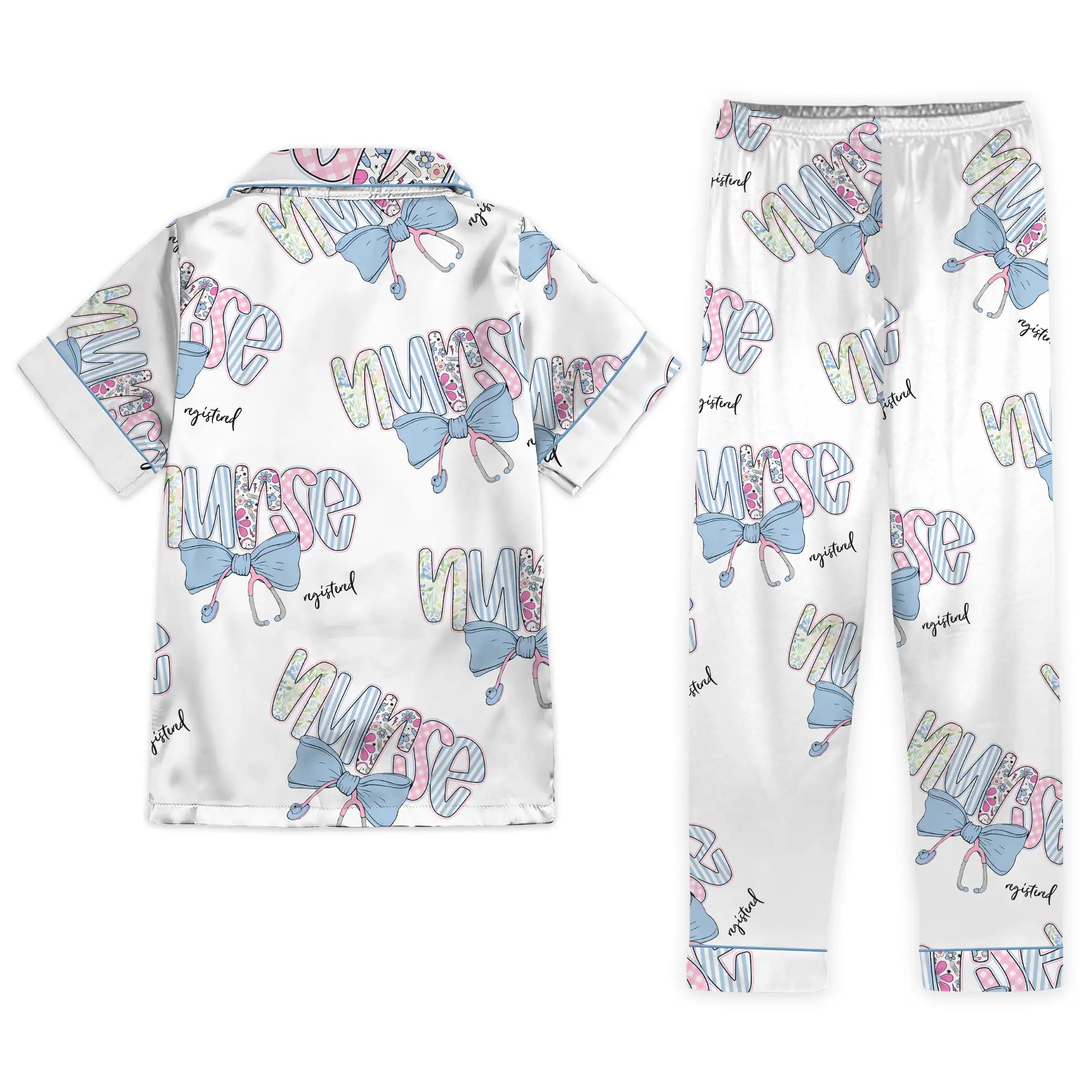 Nursehype Registered Nurse Patchwork Stethoscope Blue Bow Satin Pajama Set
