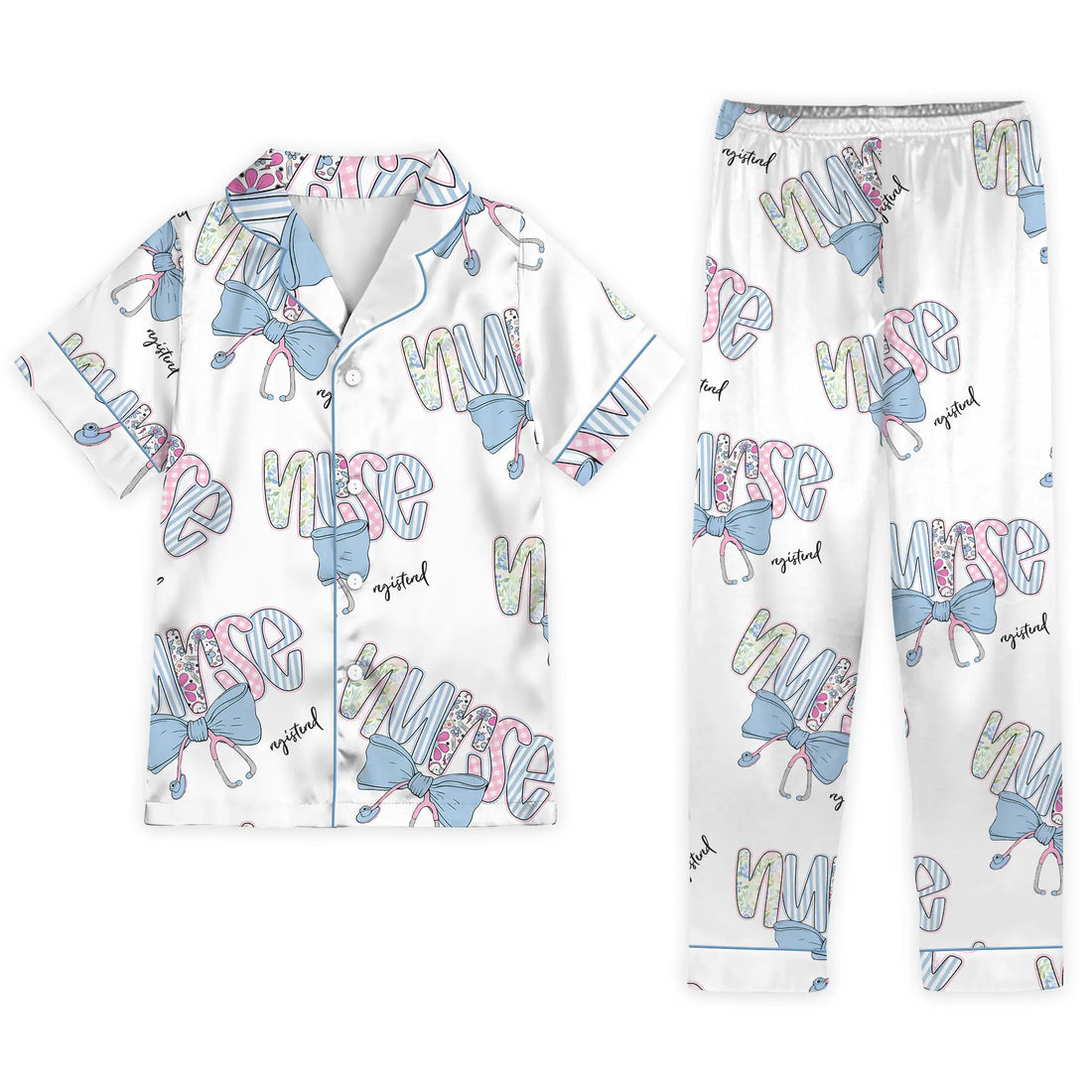 Nursehype Registered Nurse Patchwork Stethoscope Blue Bow Satin Pajama Set
