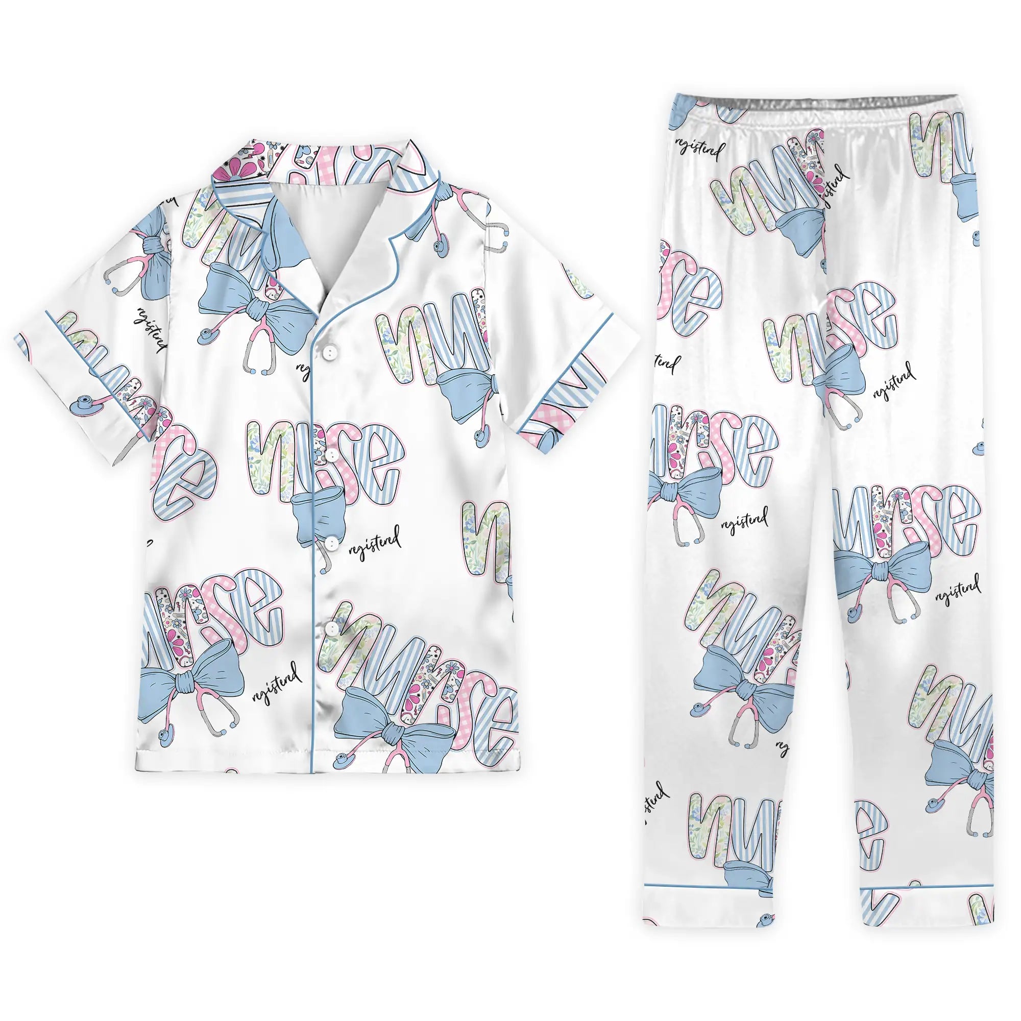 Nursehype Registered Nurse Patchwork Stethoscope Blue Bow Satin Pajama Set