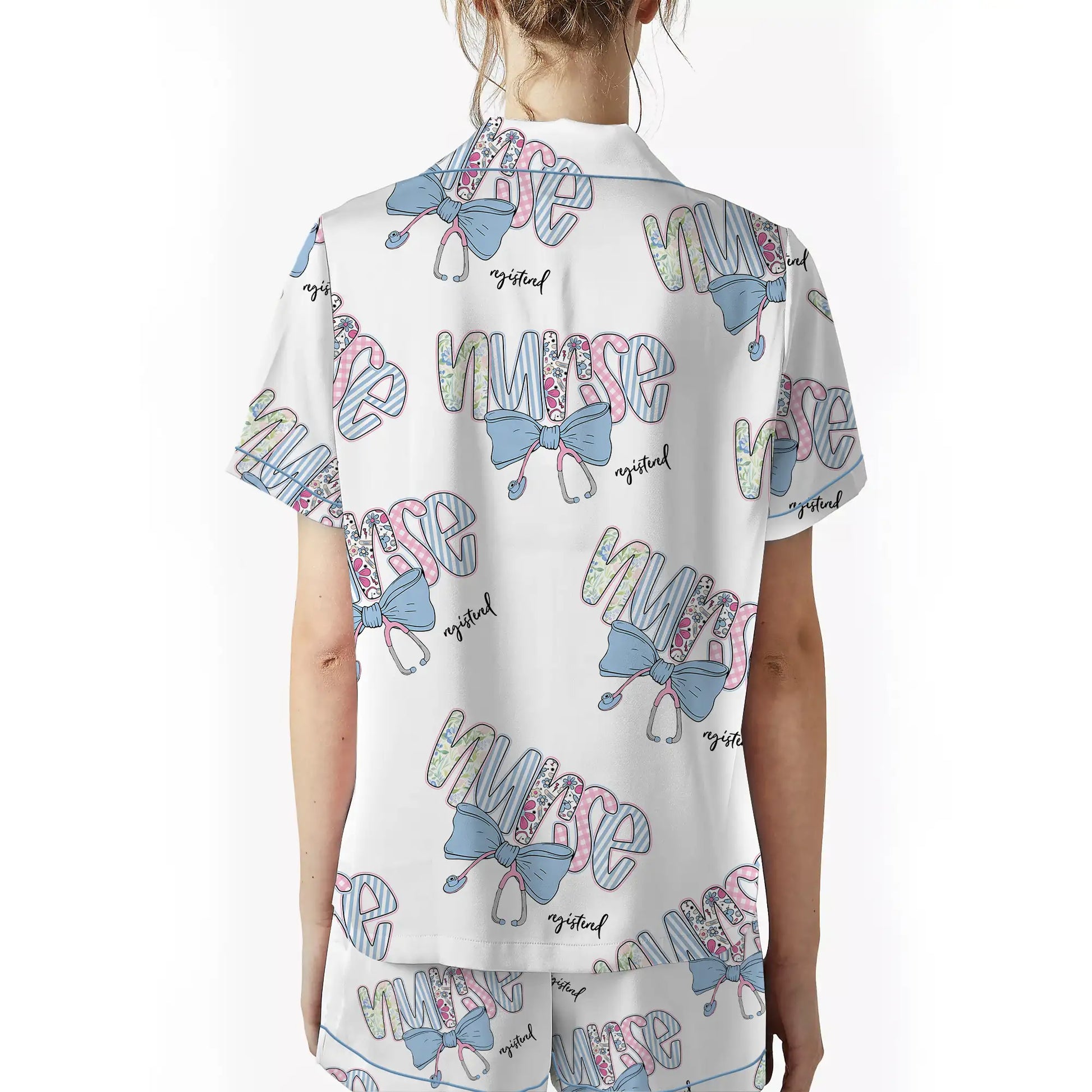 Nursehype Registered Nurse Patchwork Stethoscope Blue Bow Satin Pajama Set