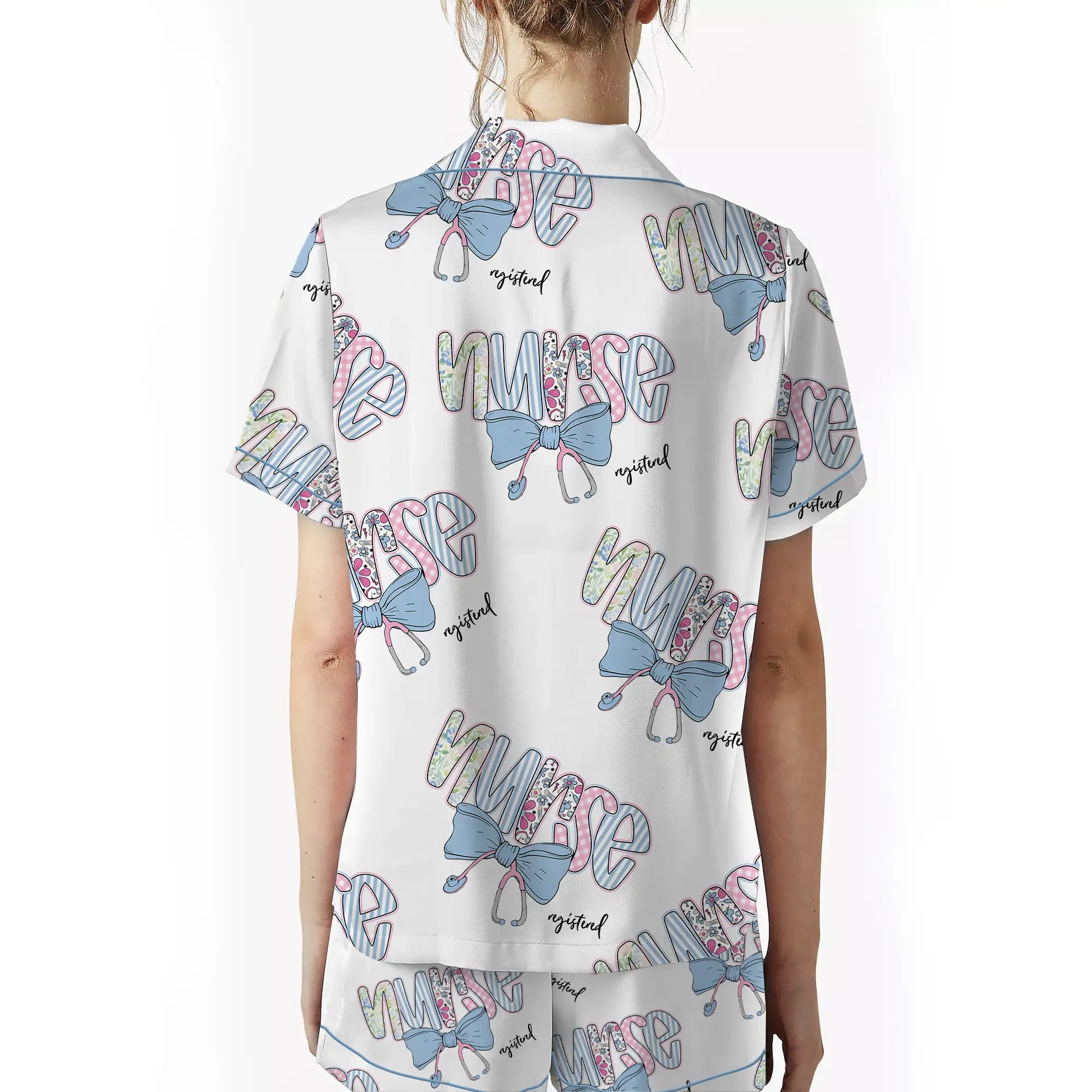 Nursehype Registered Nurse Patchwork Stethoscope Blue Bow Satin Pajama Set