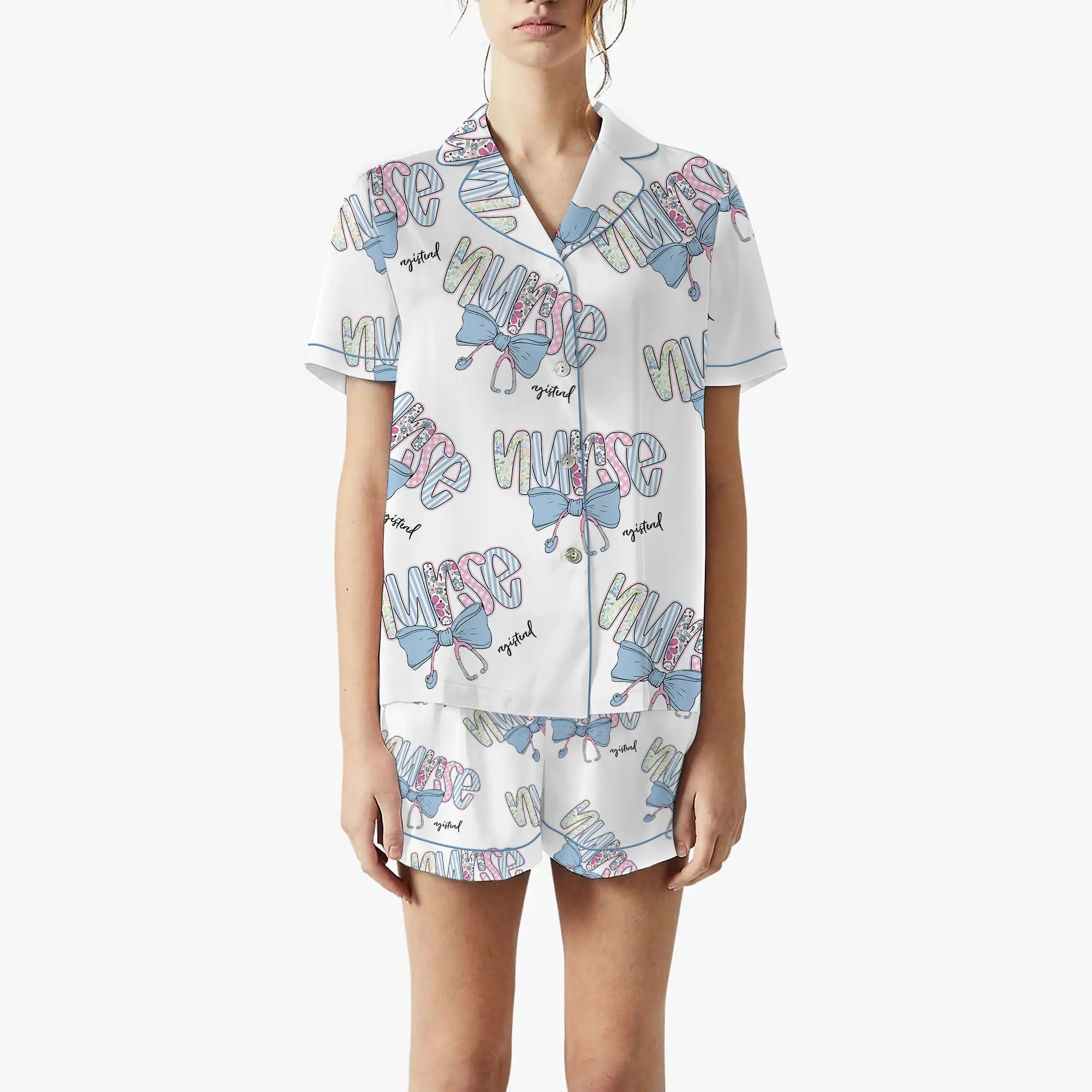 Nursehype Registered Nurse Patchwork Stethoscope Blue Bow Satin Pajama Set