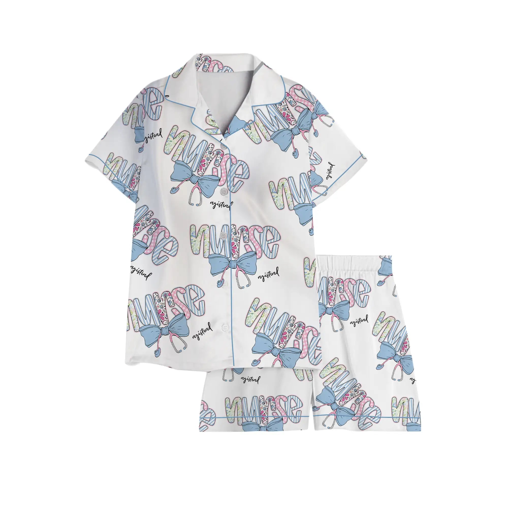 Nursehype Registered Nurse Patchwork Stethoscope Blue Bow Satin Pajama Set