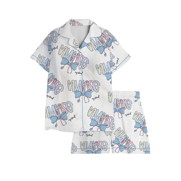 Nursehype Registered Nurse Patchwork Stethoscope Blue Bow Satin Pajama Set