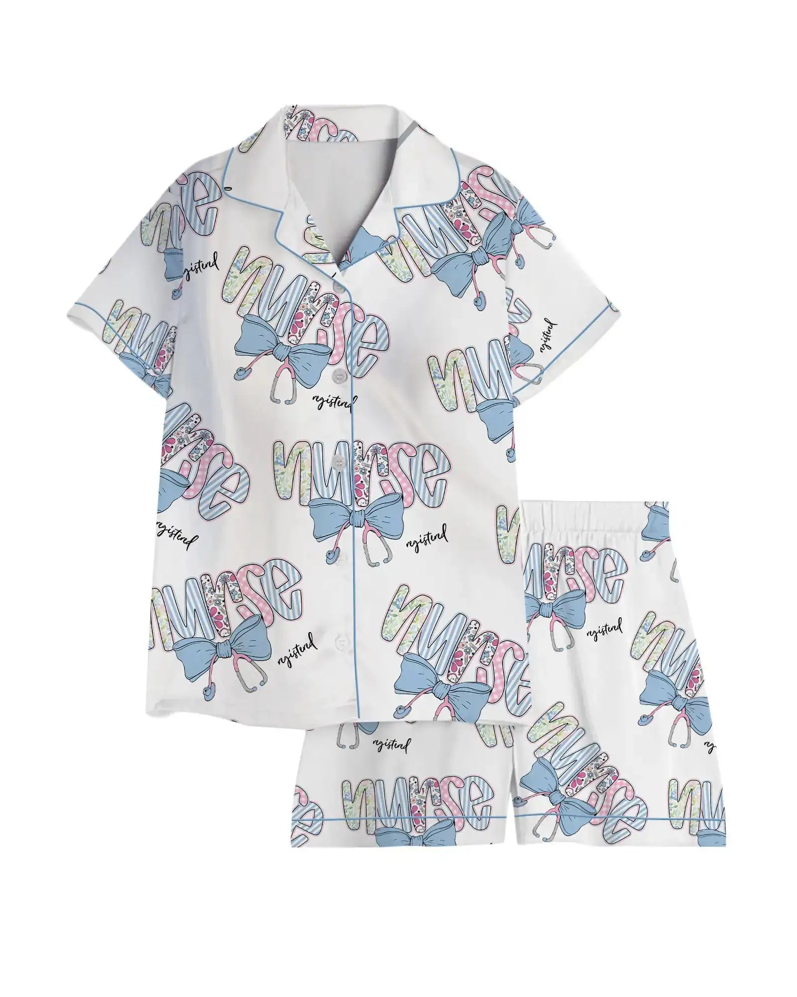 Registered Nurse Patchwork Stethoscope Blue Bow Satin Pajama Set