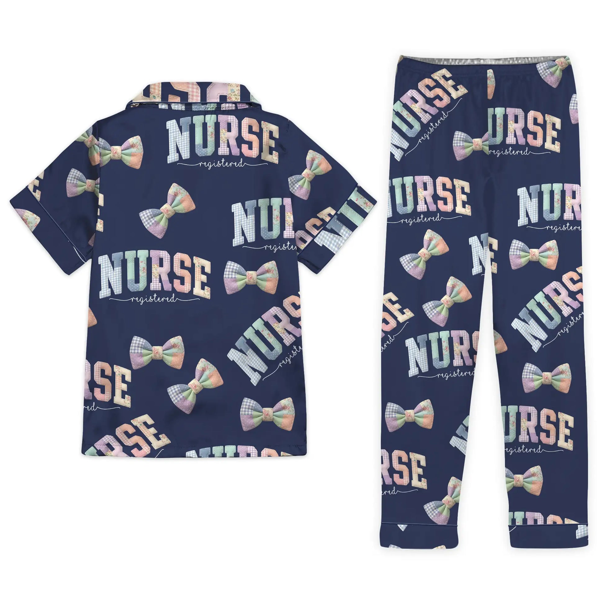 Nursehype Registered Nurse Patchwork Varsity Bow Satin Pajama Set
