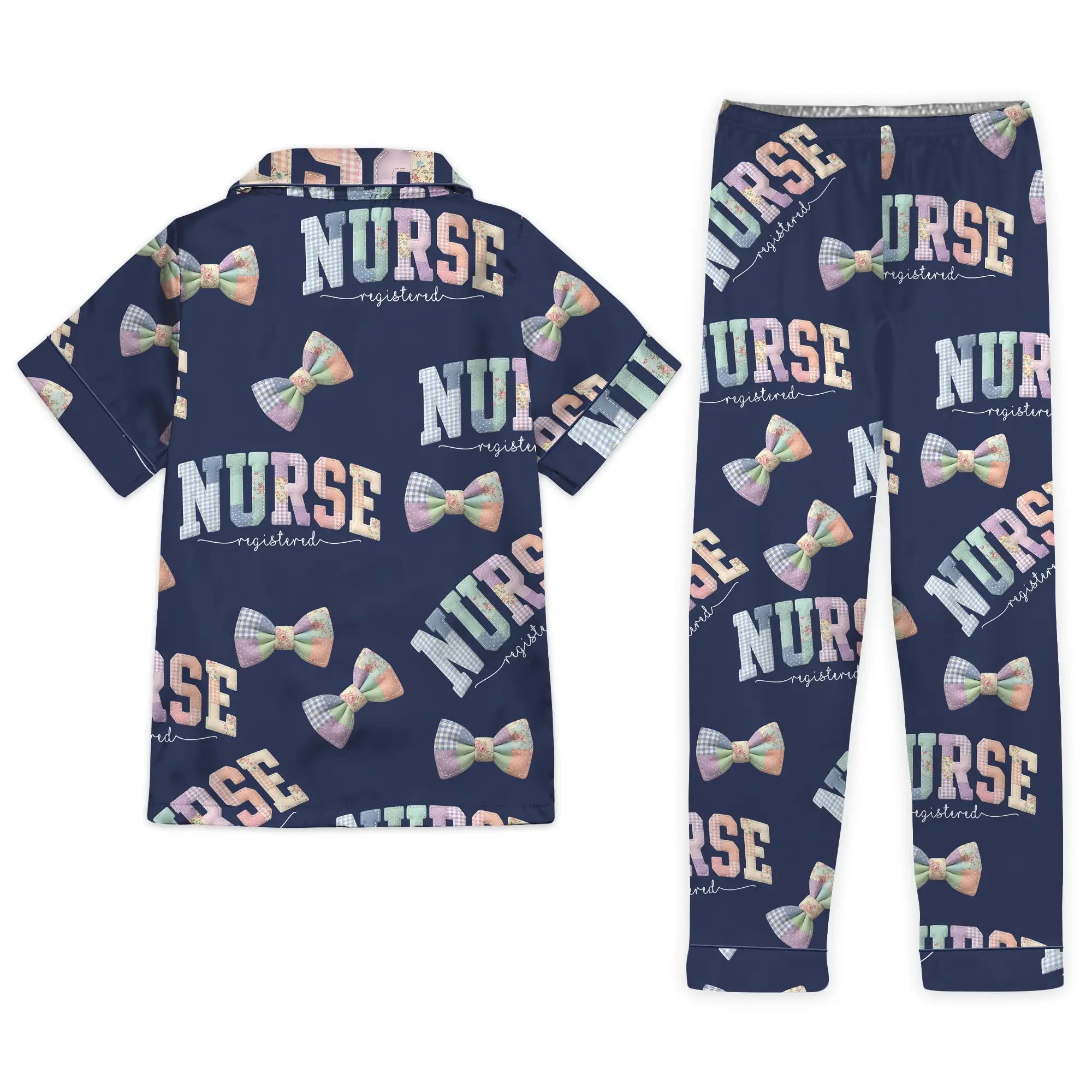 Nursehype Registered Nurse Patchwork Varsity Bow Satin Pajama Set