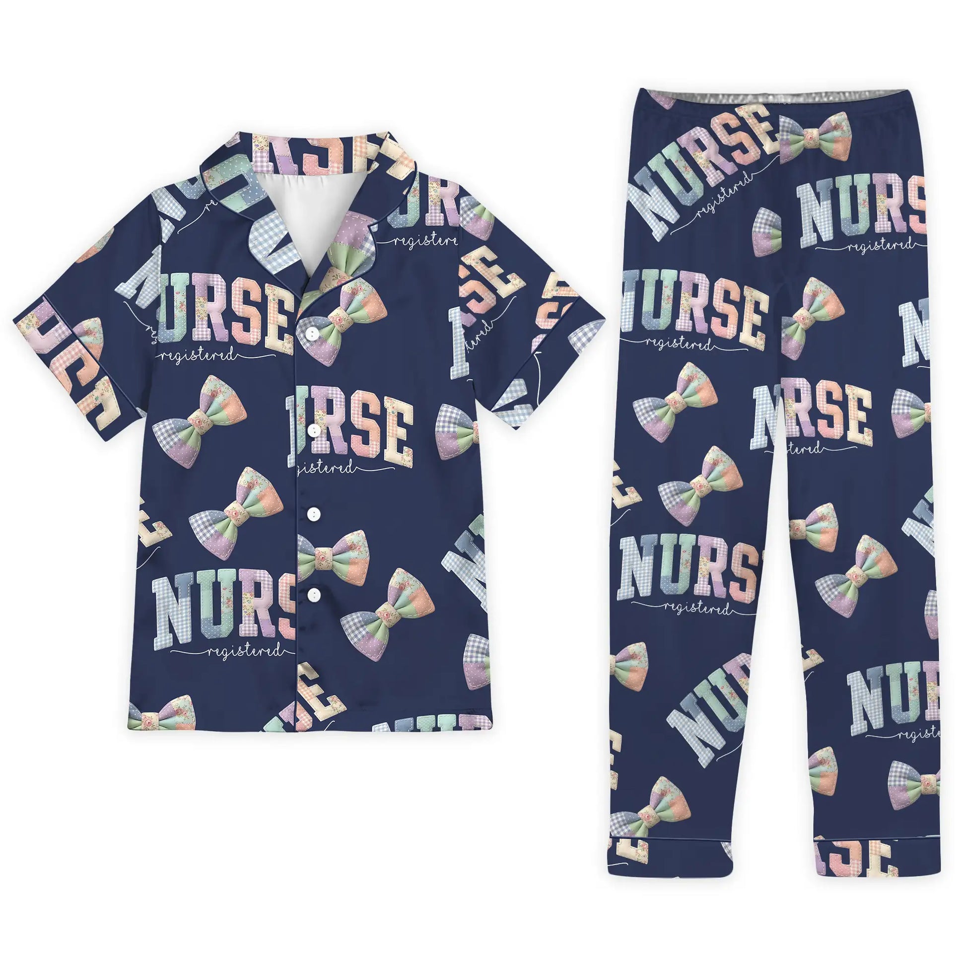 Nursehype Registered Nurse Patchwork Varsity Bow Satin Pajama Set