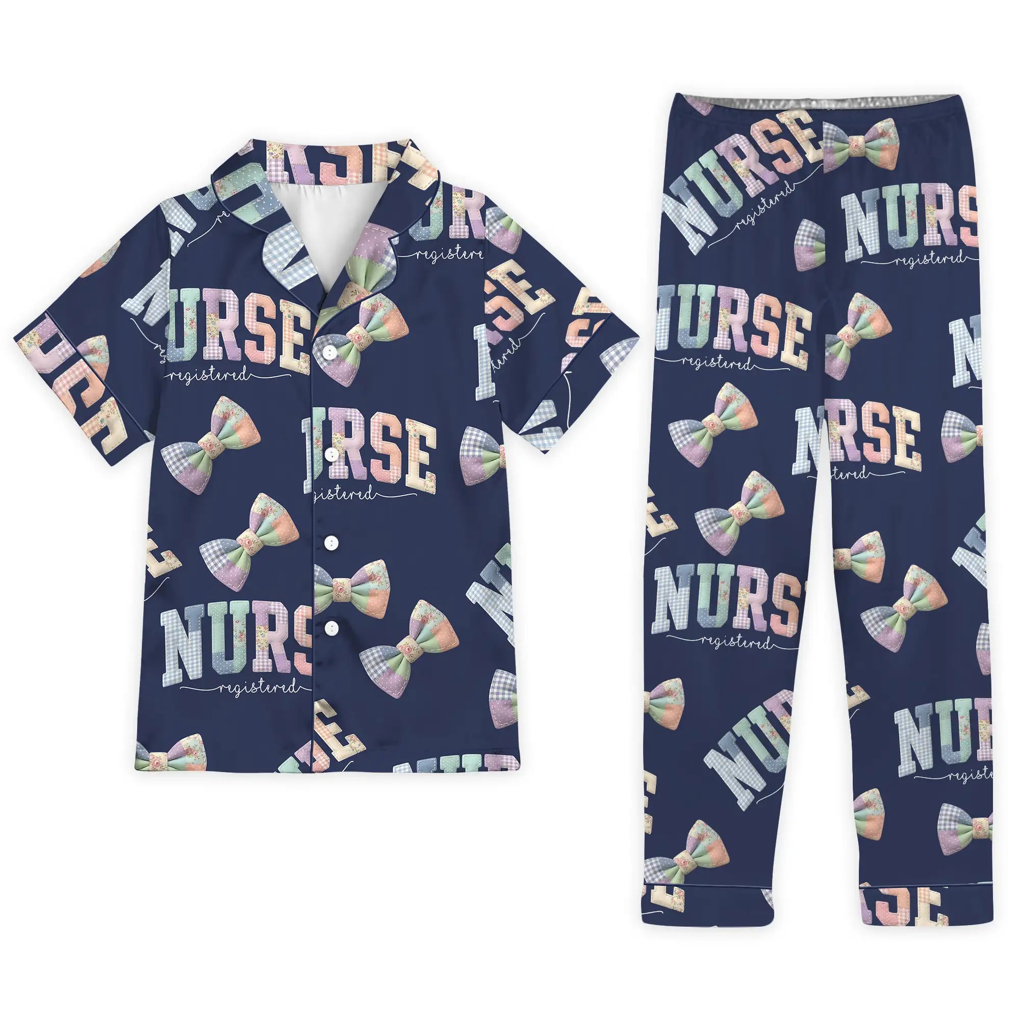 Nursehype Registered Nurse Patchwork Varsity Bow Satin Pajama Set