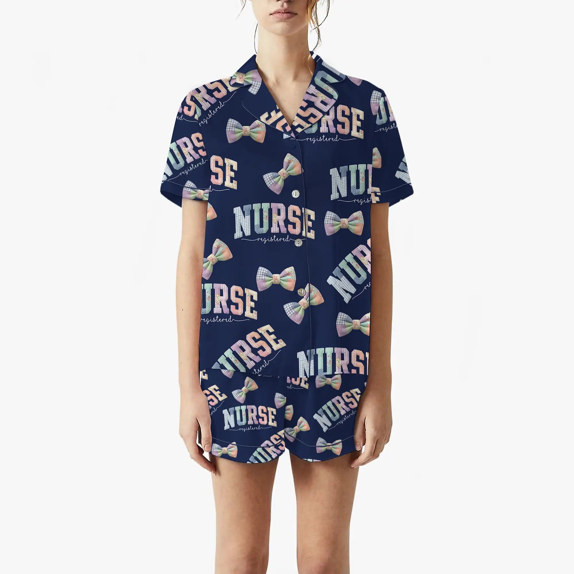 Nursehype Registered Nurse Patchwork Varsity Bow Satin Pajama Set
