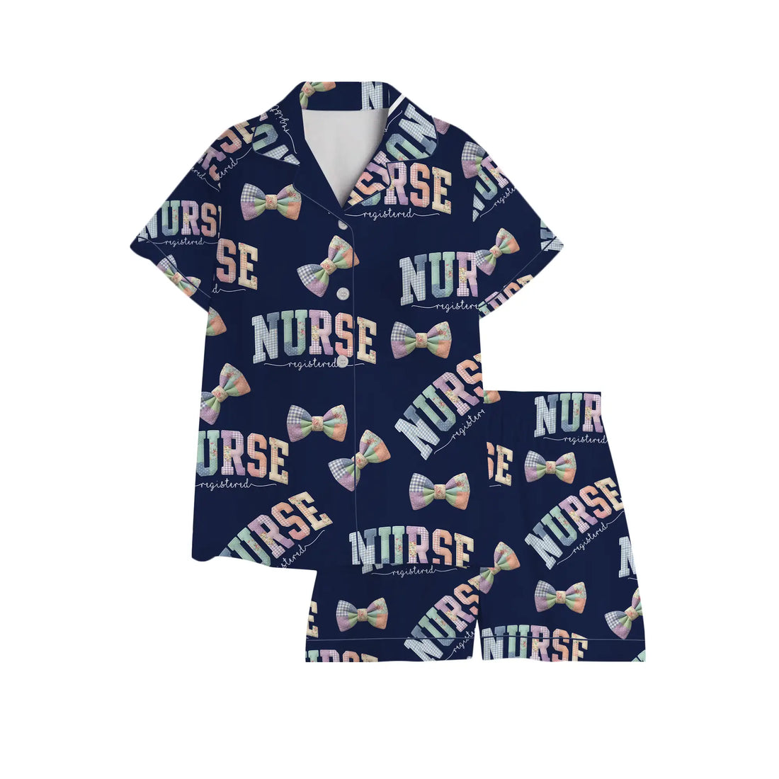 Nursehype Registered Nurse Patchwork Varsity Bow Satin Pajama Set